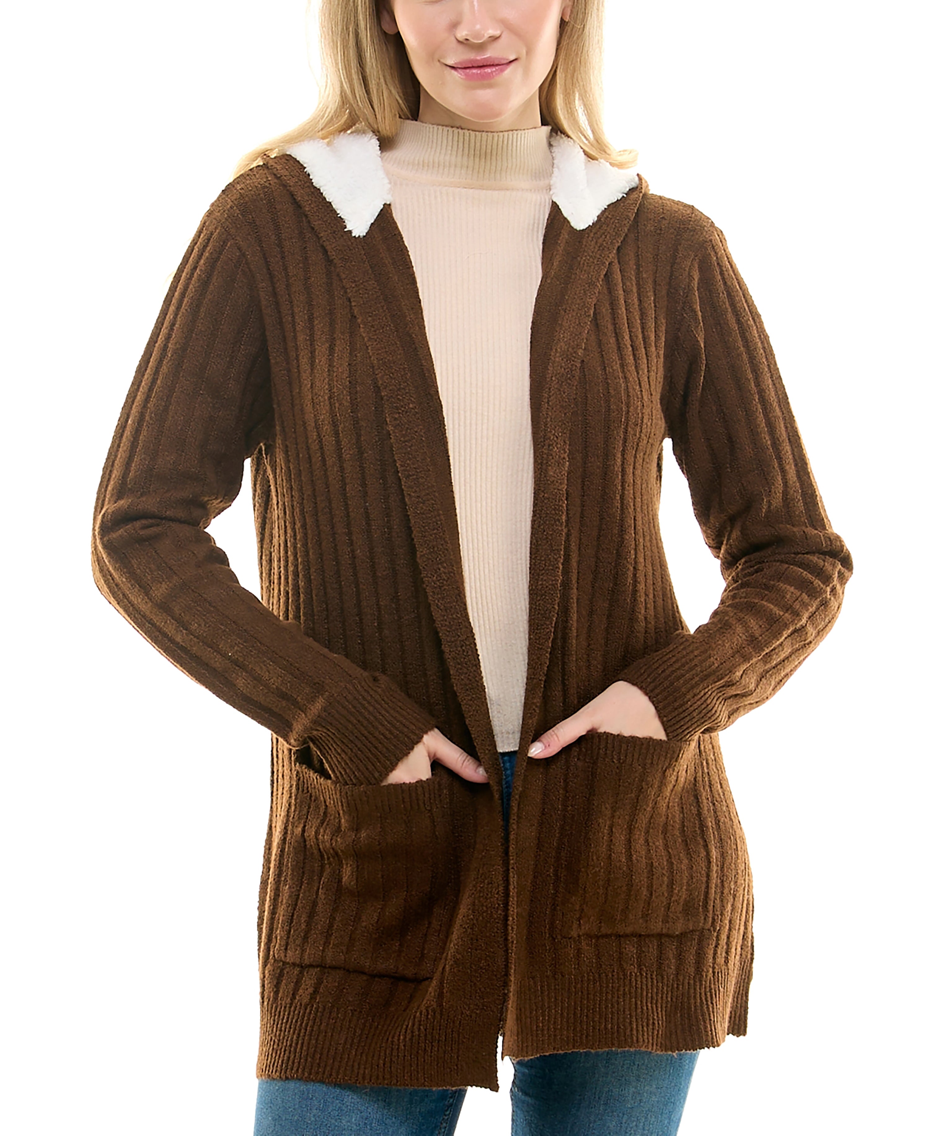 Juniors' Cozy Knit Sherpa Trim Cardigan