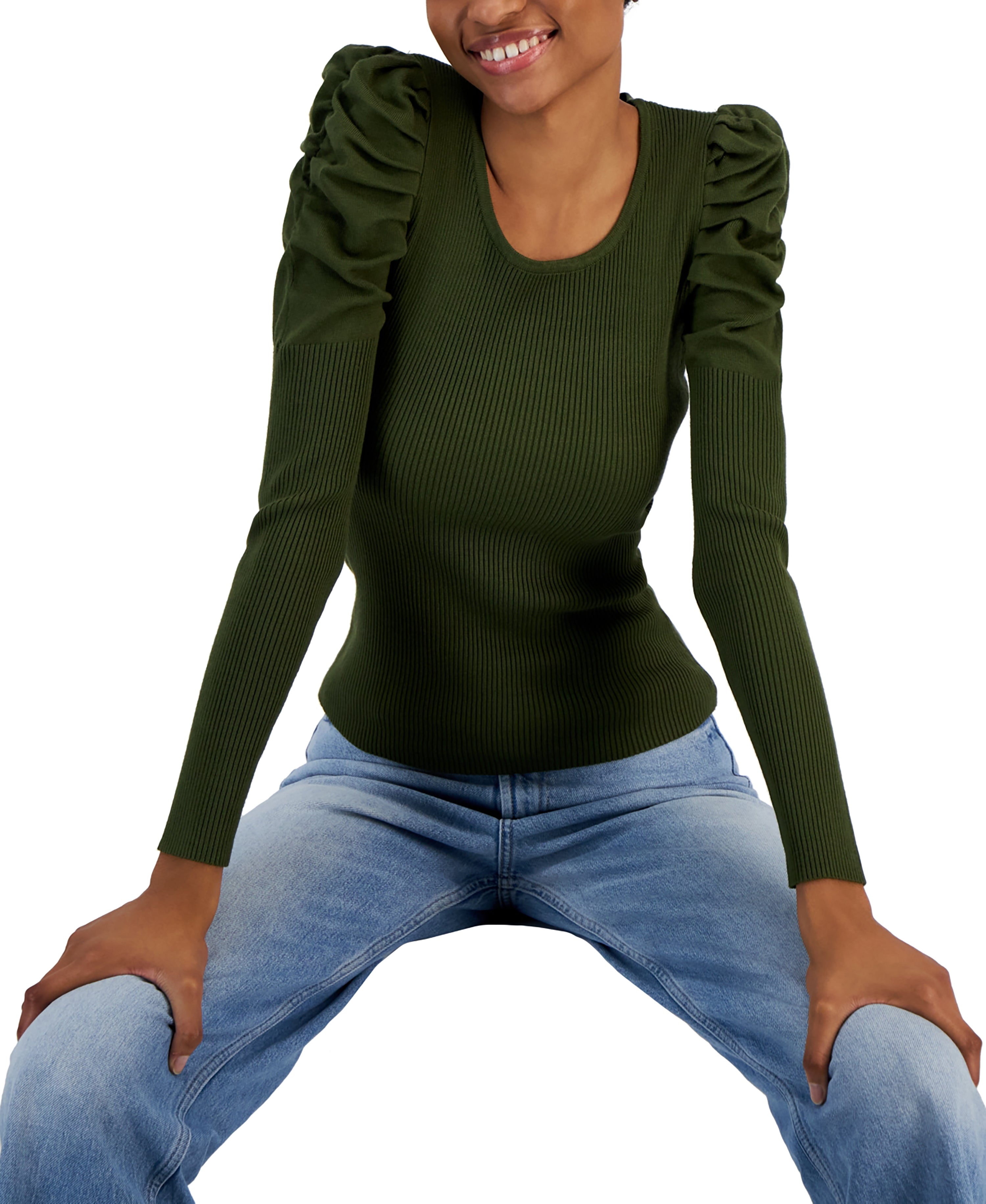 Juniors' Scoop-Neck Puff-Shoulder Ribbed Sweater