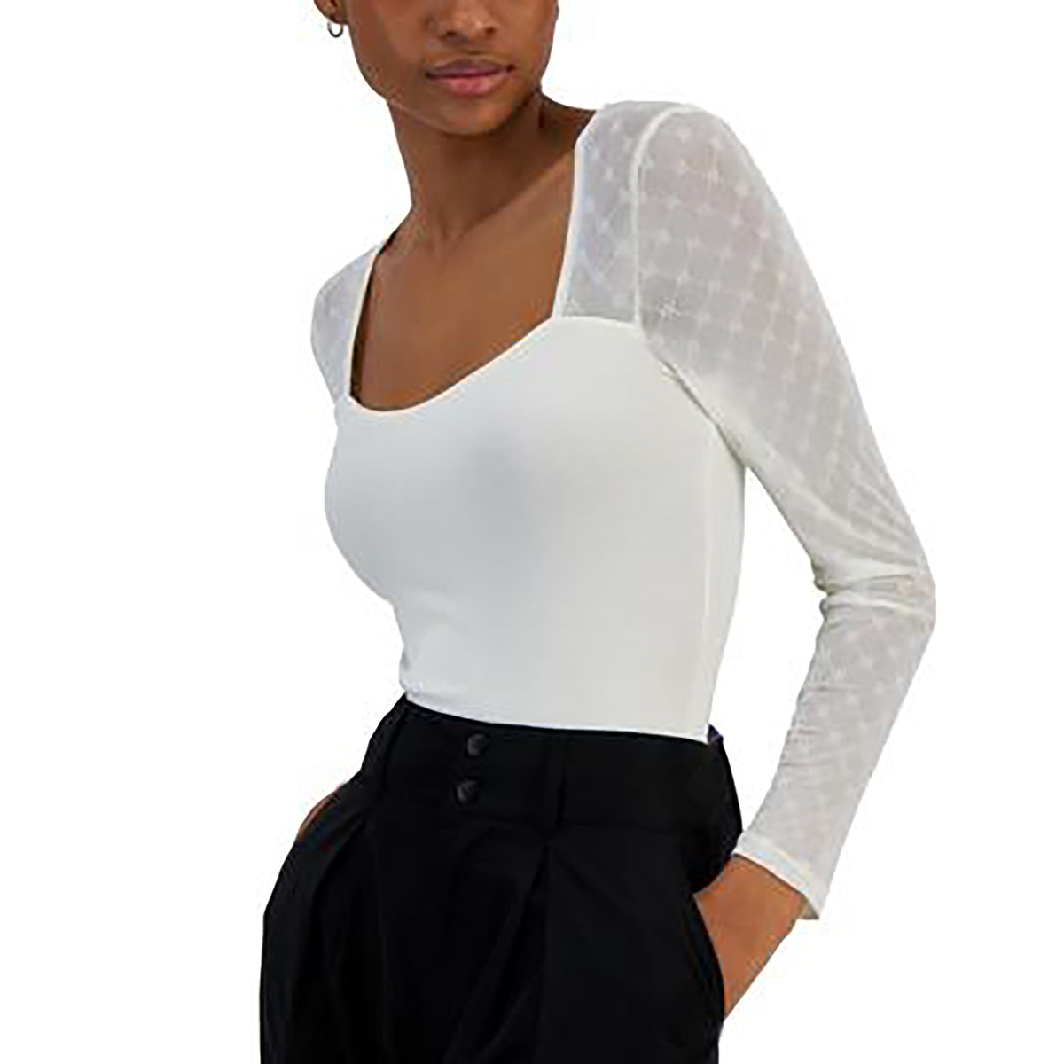 Juniors' Flocked Illusion Mesh-Sleeve Top
