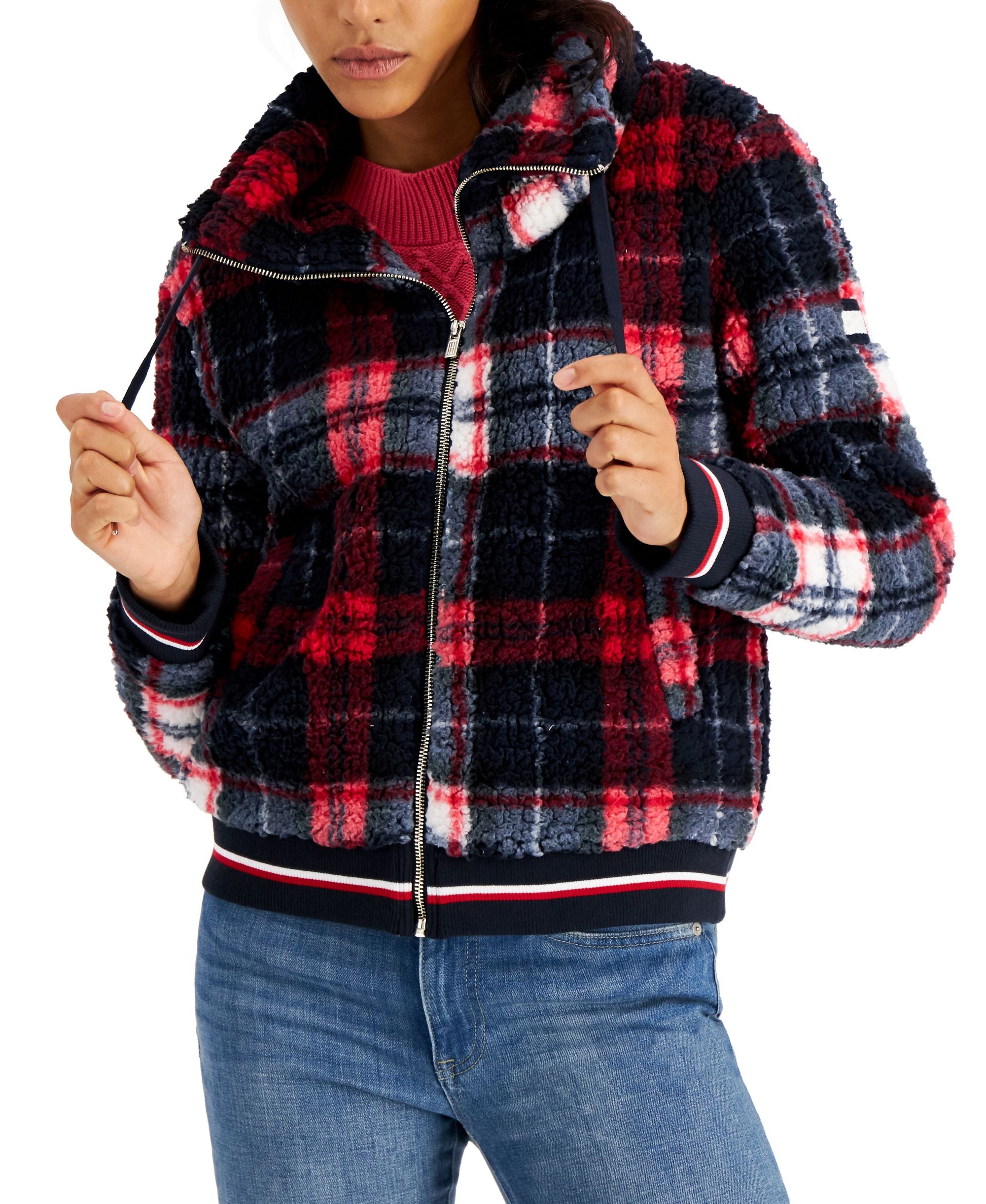 Tommy Hilfiger Womens Plaid Zip-Up Sherpa Jacket