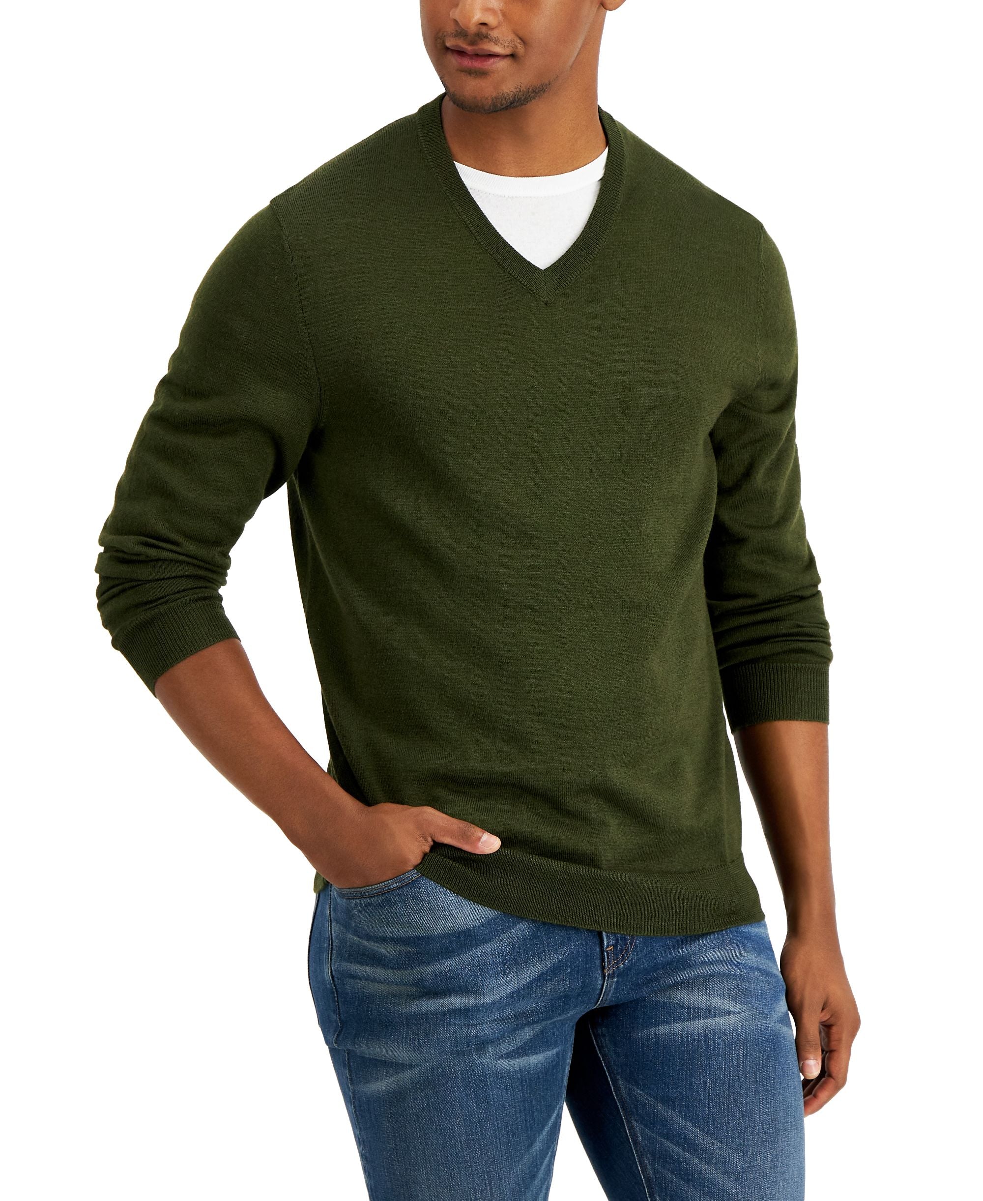 Men's Solid V-Neck Merino Wool Blend Sweater