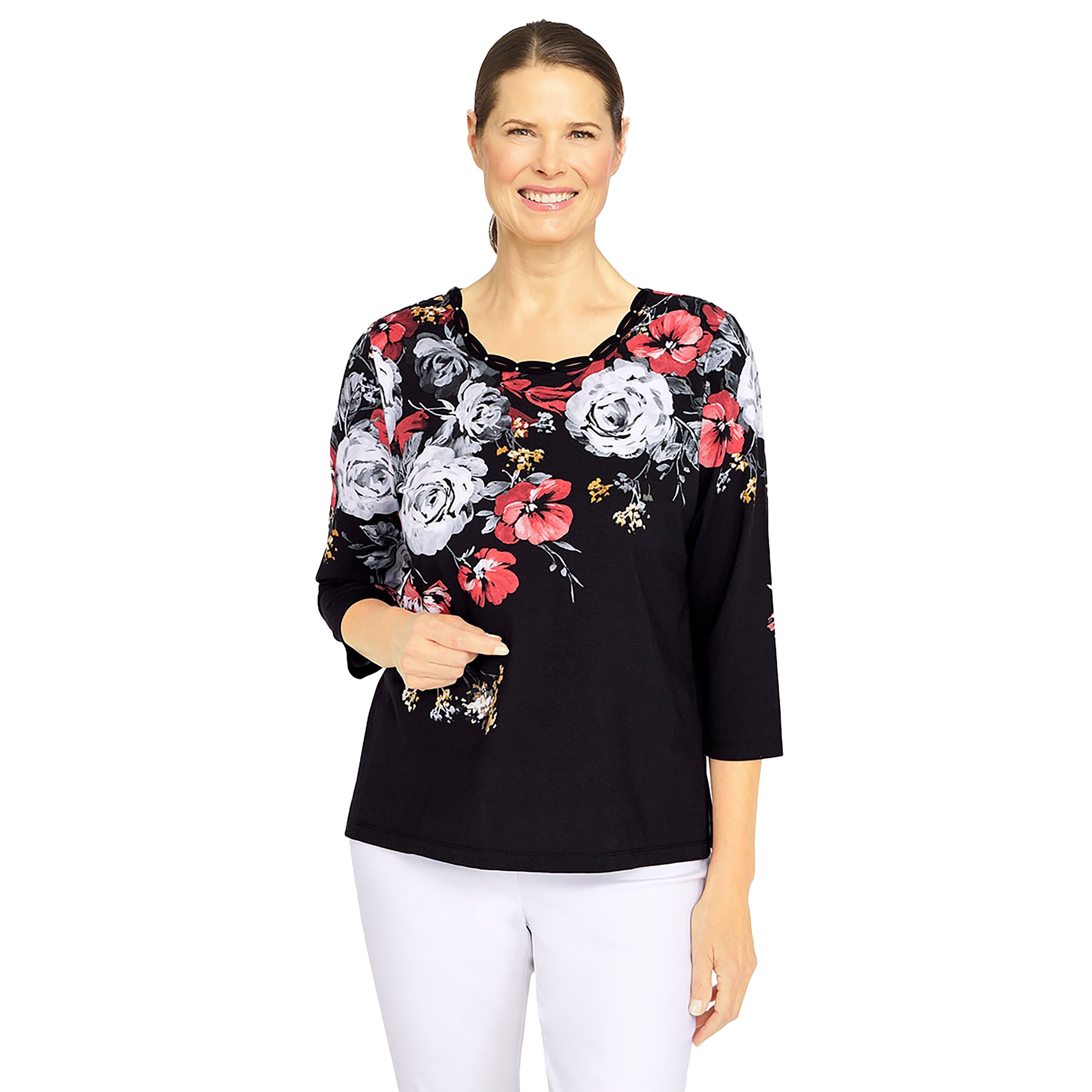Alfred Dunner Women s Crewneck 3/4 Sleeve Floral Print Top Black L