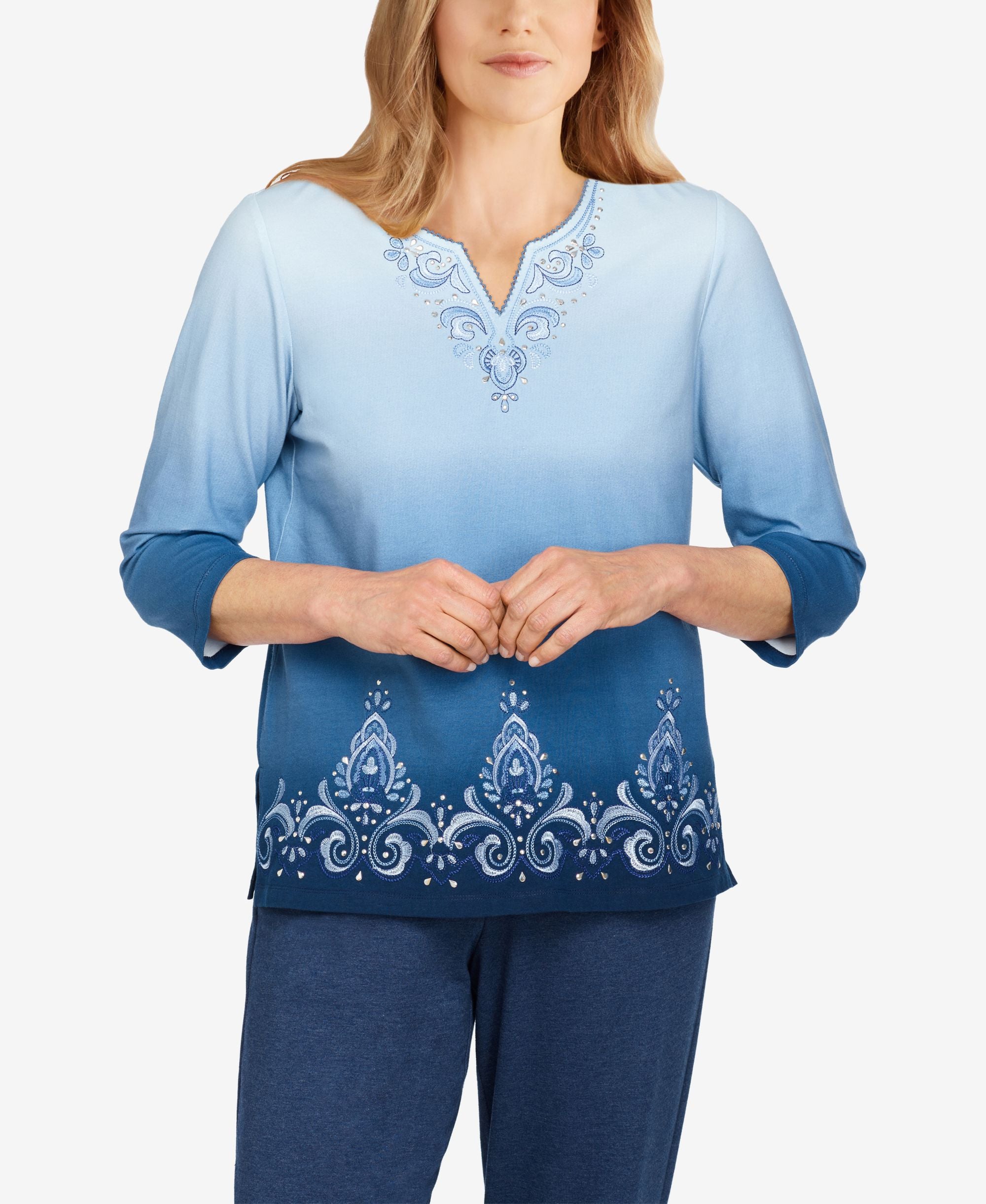 Petite Relax Enjoy Ombre Scroll Embroidery Top