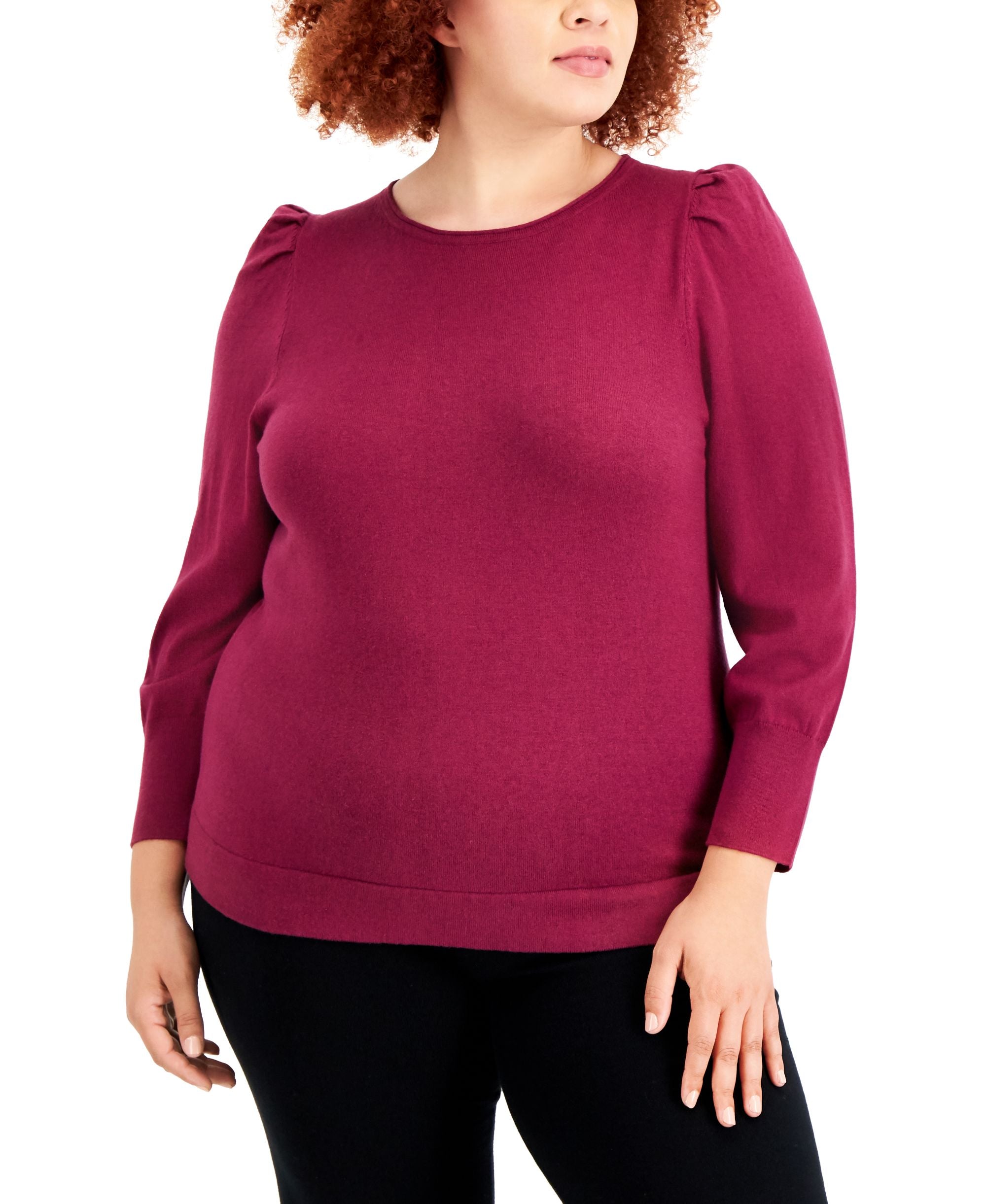 Anne Klein Plus Size Puff Shoulder Cotton Cashmere Sweater