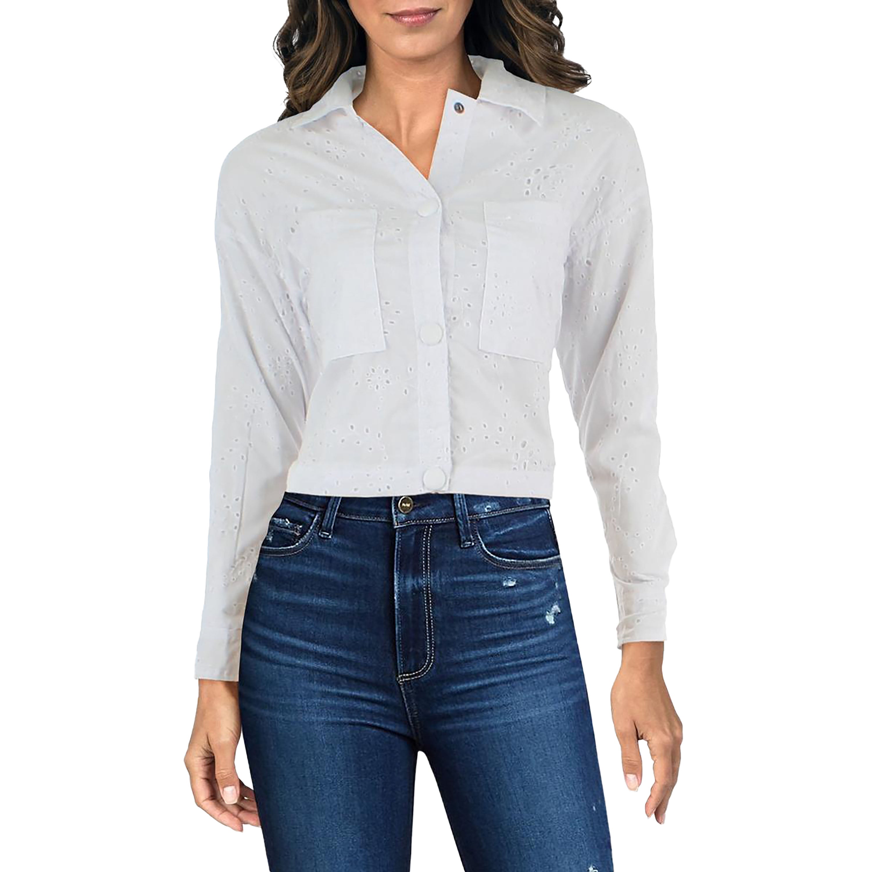 RILEY&RAE Womens White Pocketed Trucker Style Snap Front Jacket