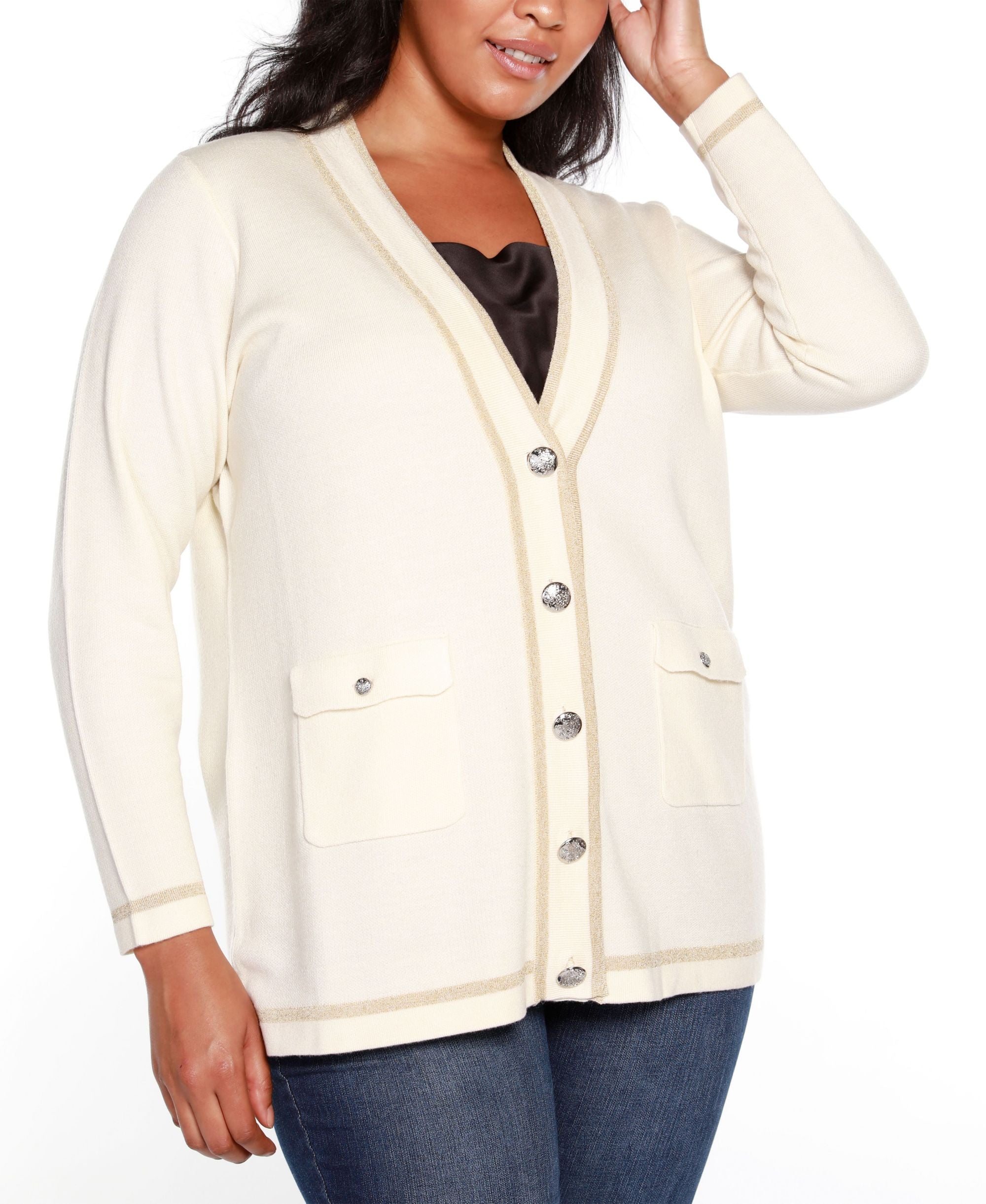 Belldini Black Label Plus Size Button Front Cardigan With Lurex Stripe Detailing