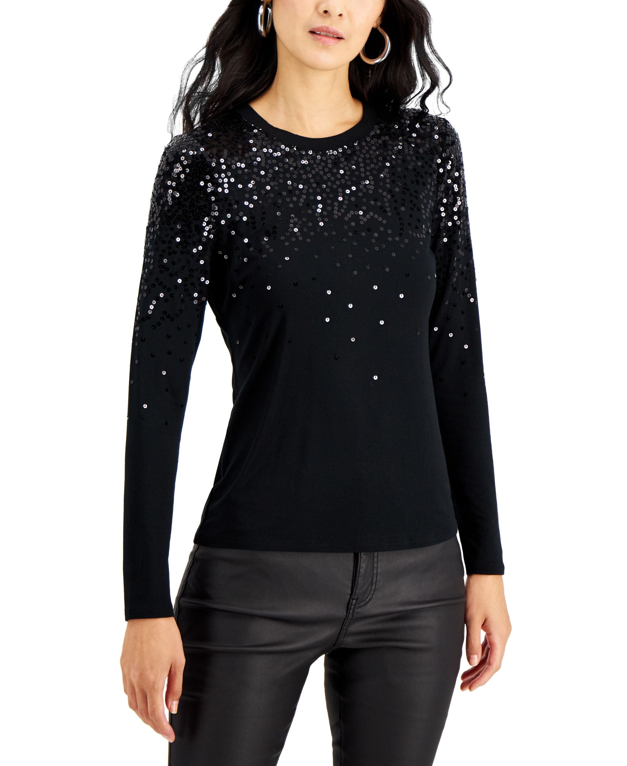 International Concepts Womens Long Sleeve Sequin Top