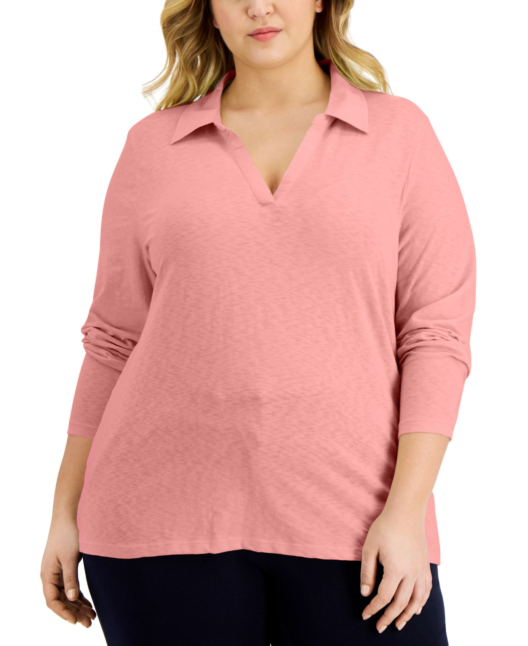 Karen Scott Plus Size Cotton Open Neck Polo Top