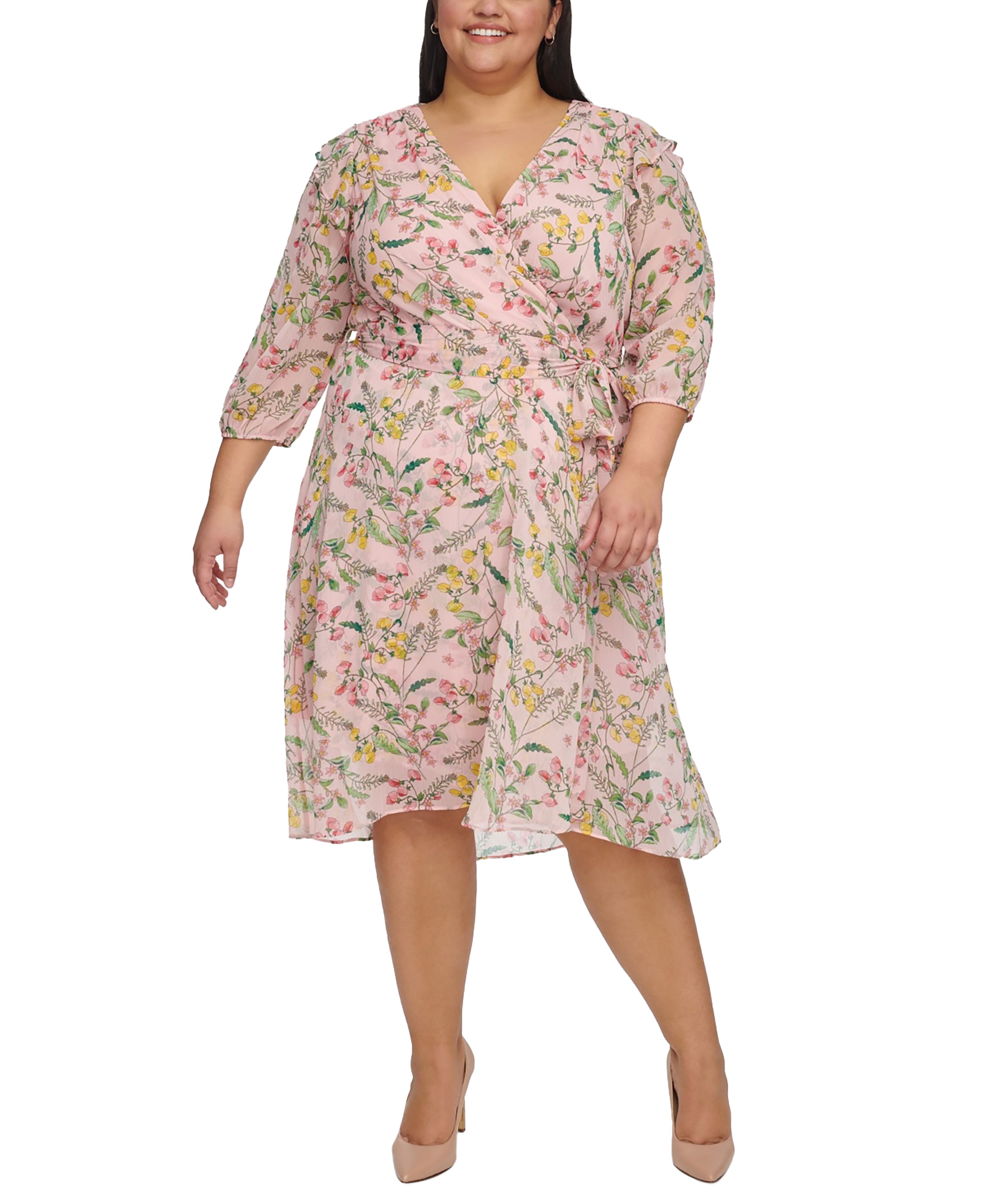 Plus Size Floral Chiffon 3/4-Sleeve Midi Dress