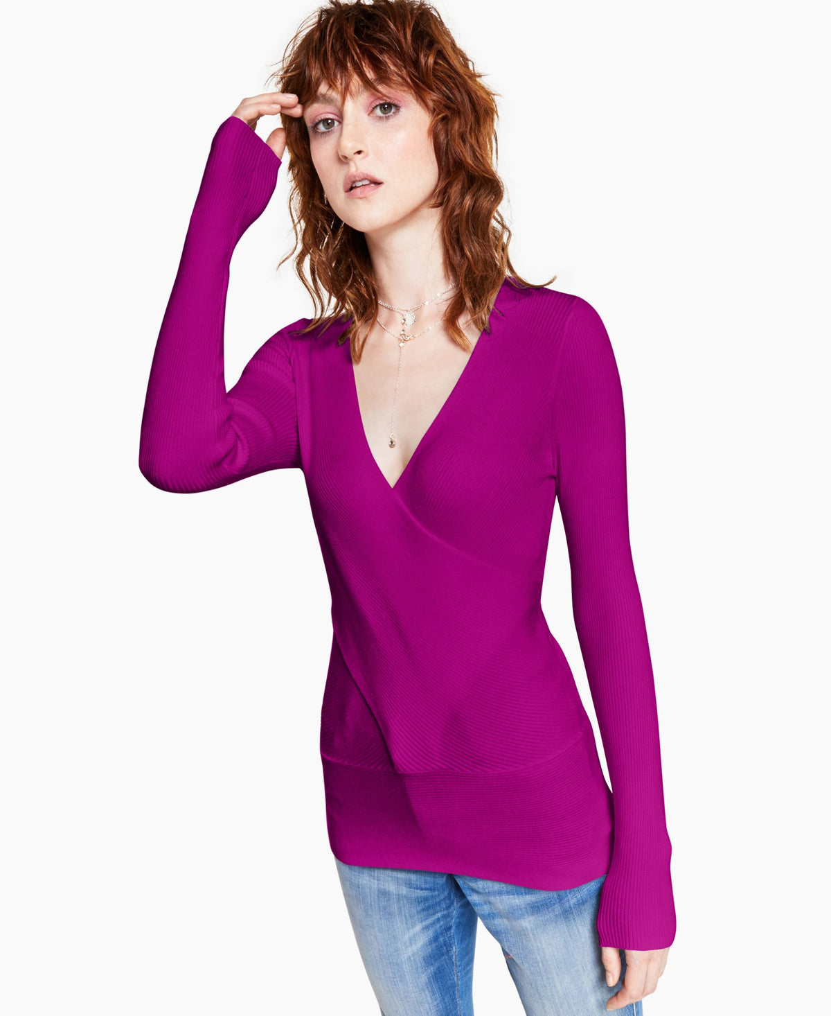 INC International Concepts Solid Ribbed Surplice Sweater