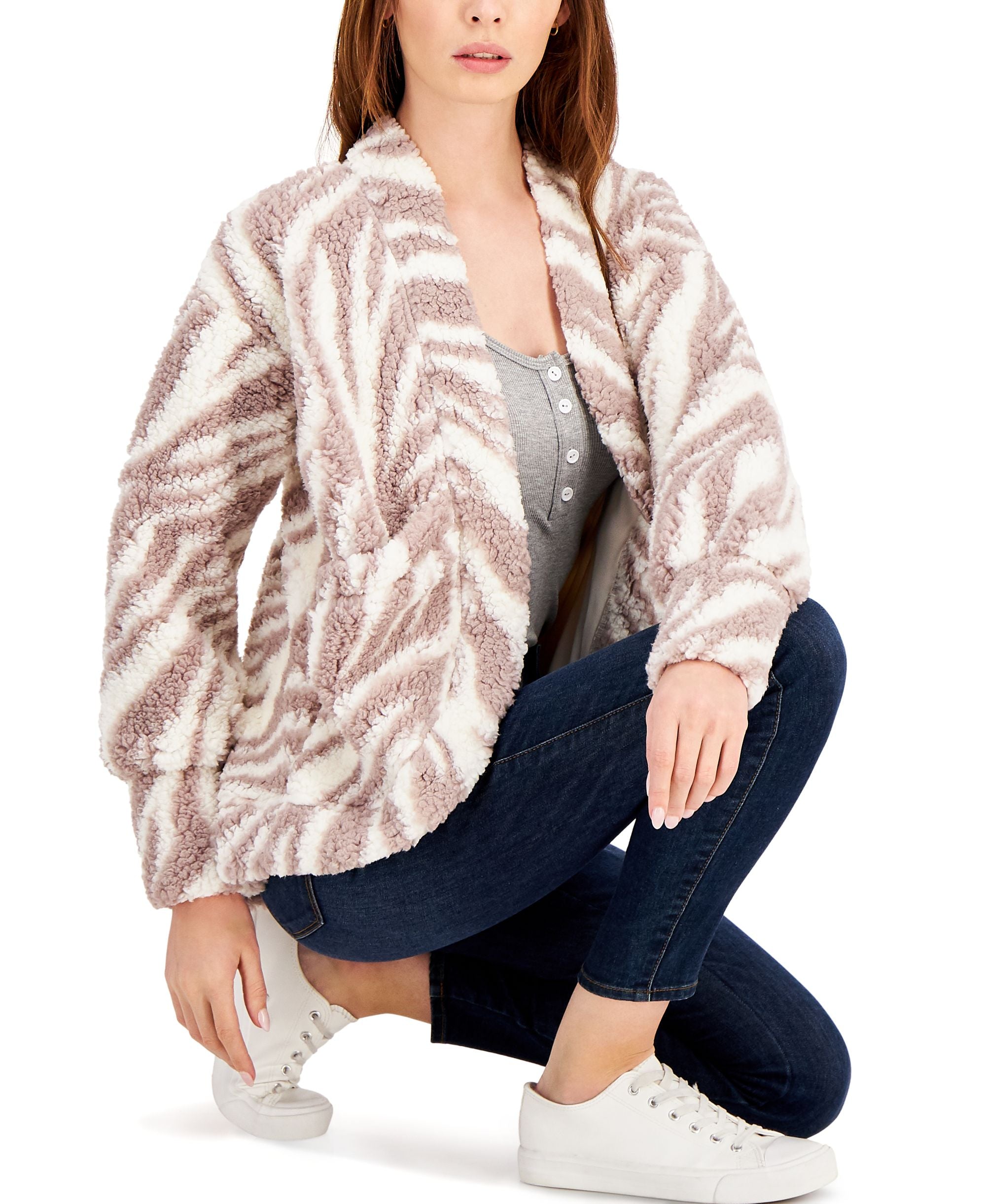 Willow Drive Fuzzy Printed Open Front Cardigan