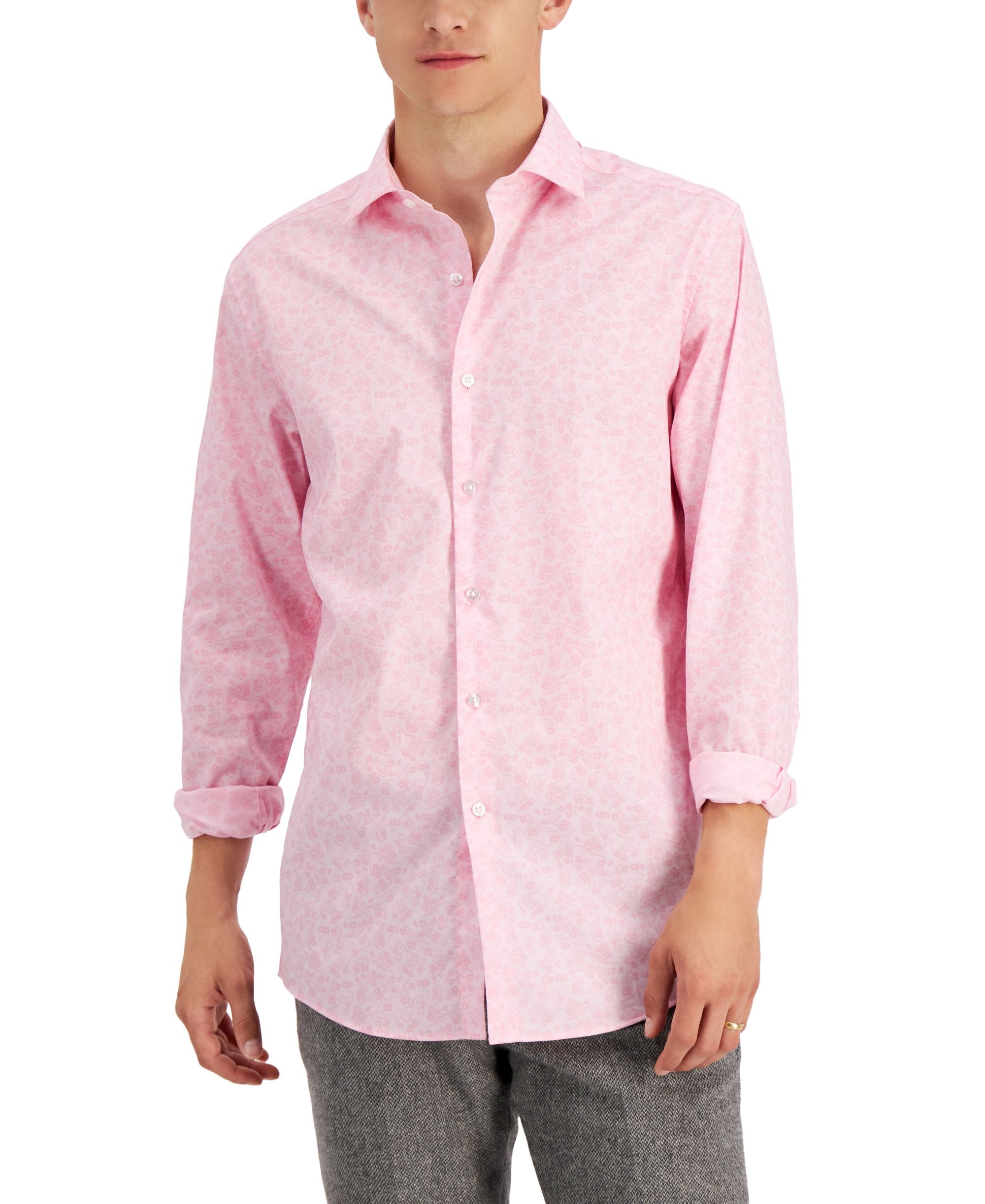 Bar III Mens Slim Flit Floral Stretch Dress Shirt