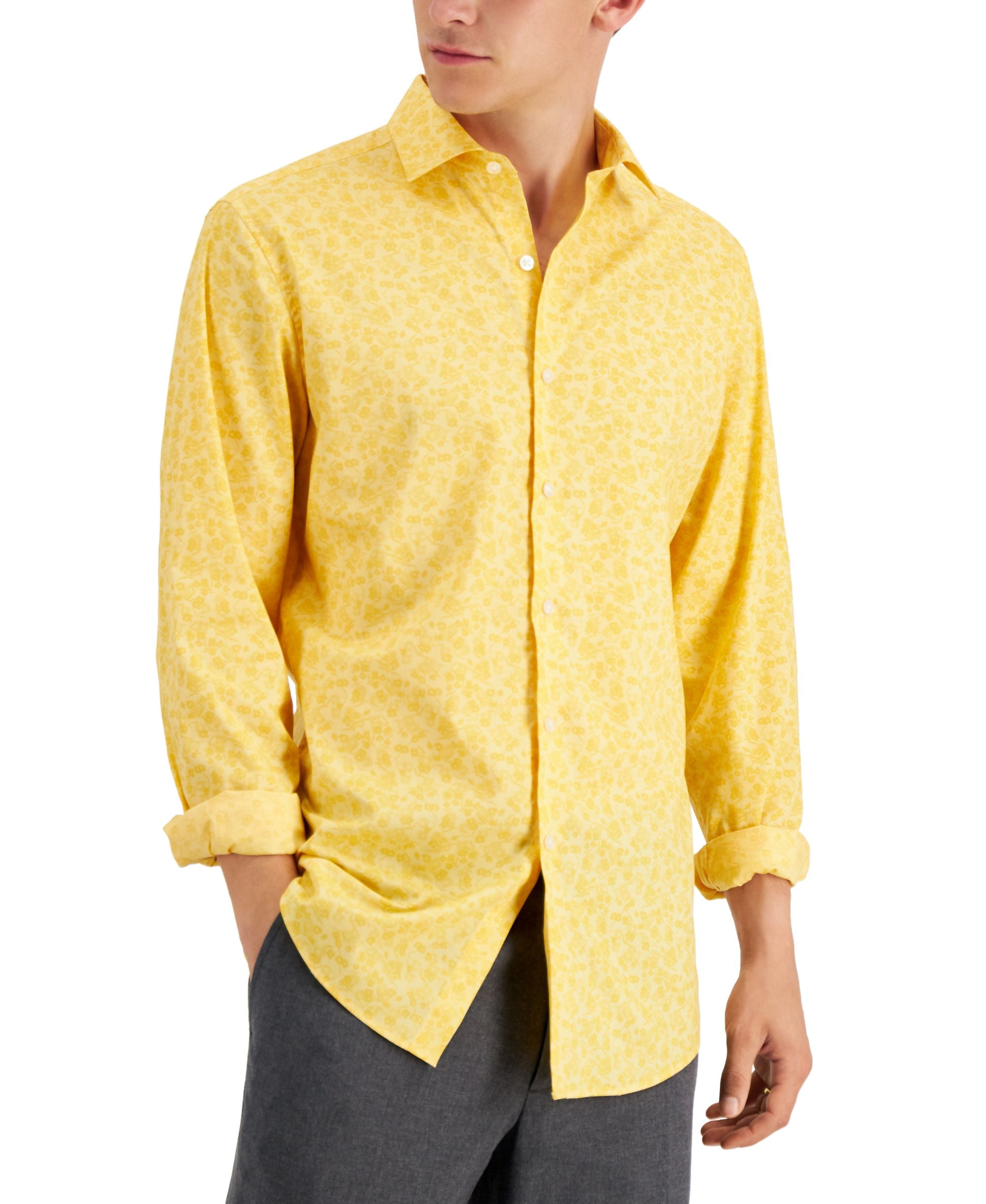 Bar III Mens Slim Flit Floral Stretch Dress Shirt