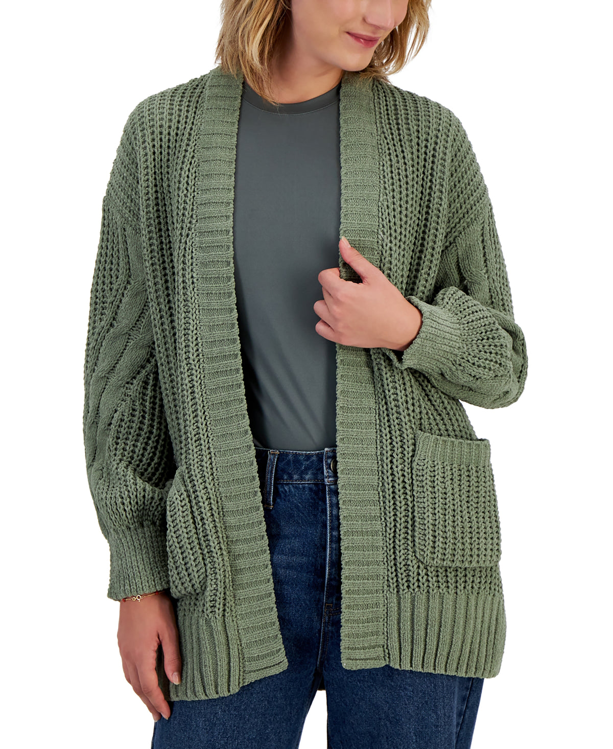 Juniors' Cozy Chenille Cable-Knit Cardigan Sweater