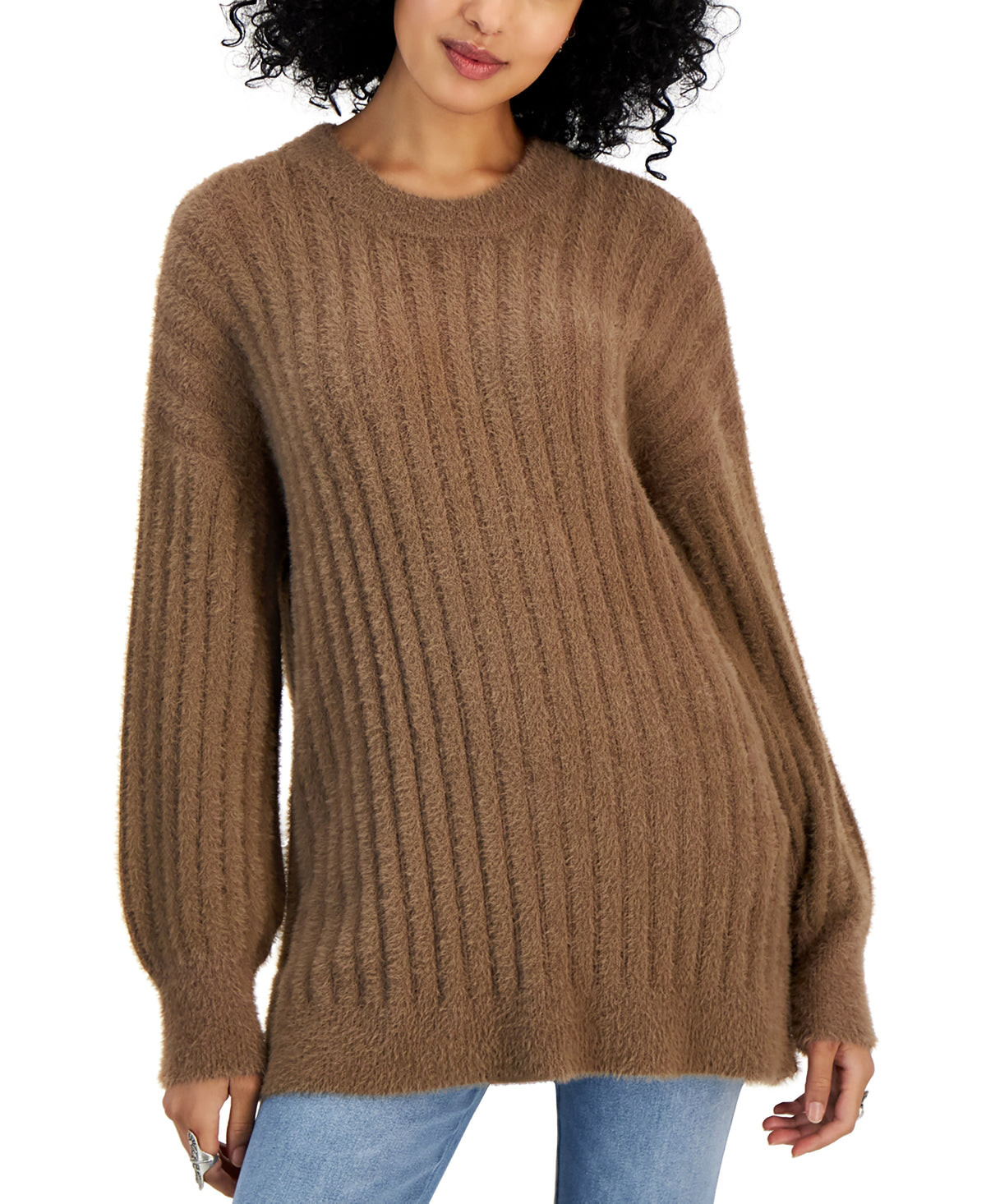Juniors' Ribbed-Knit Eyelash Tunic Sweater