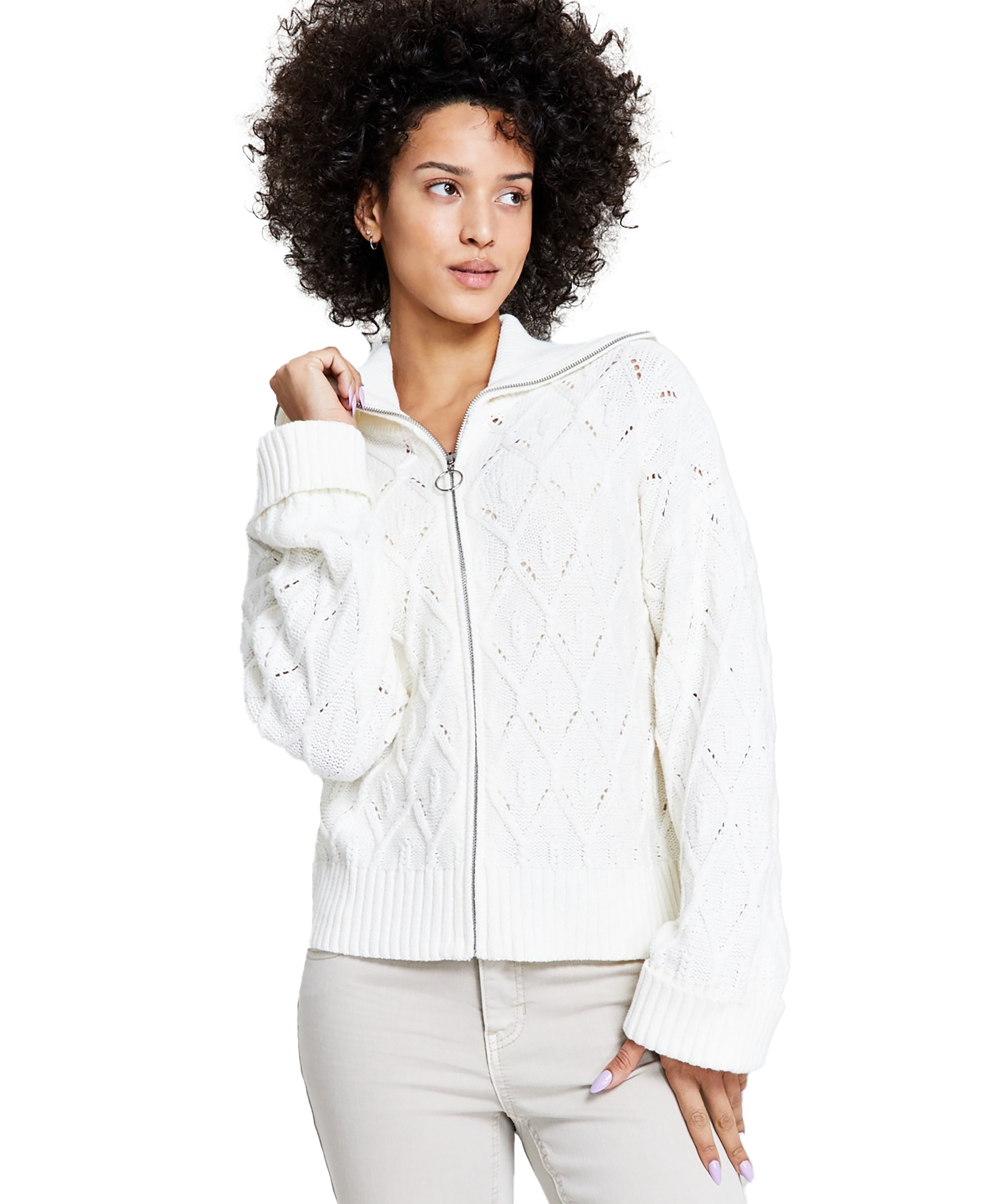 Women's Spread Collar Zip-Front Cardigan Sweater Calla Lily L