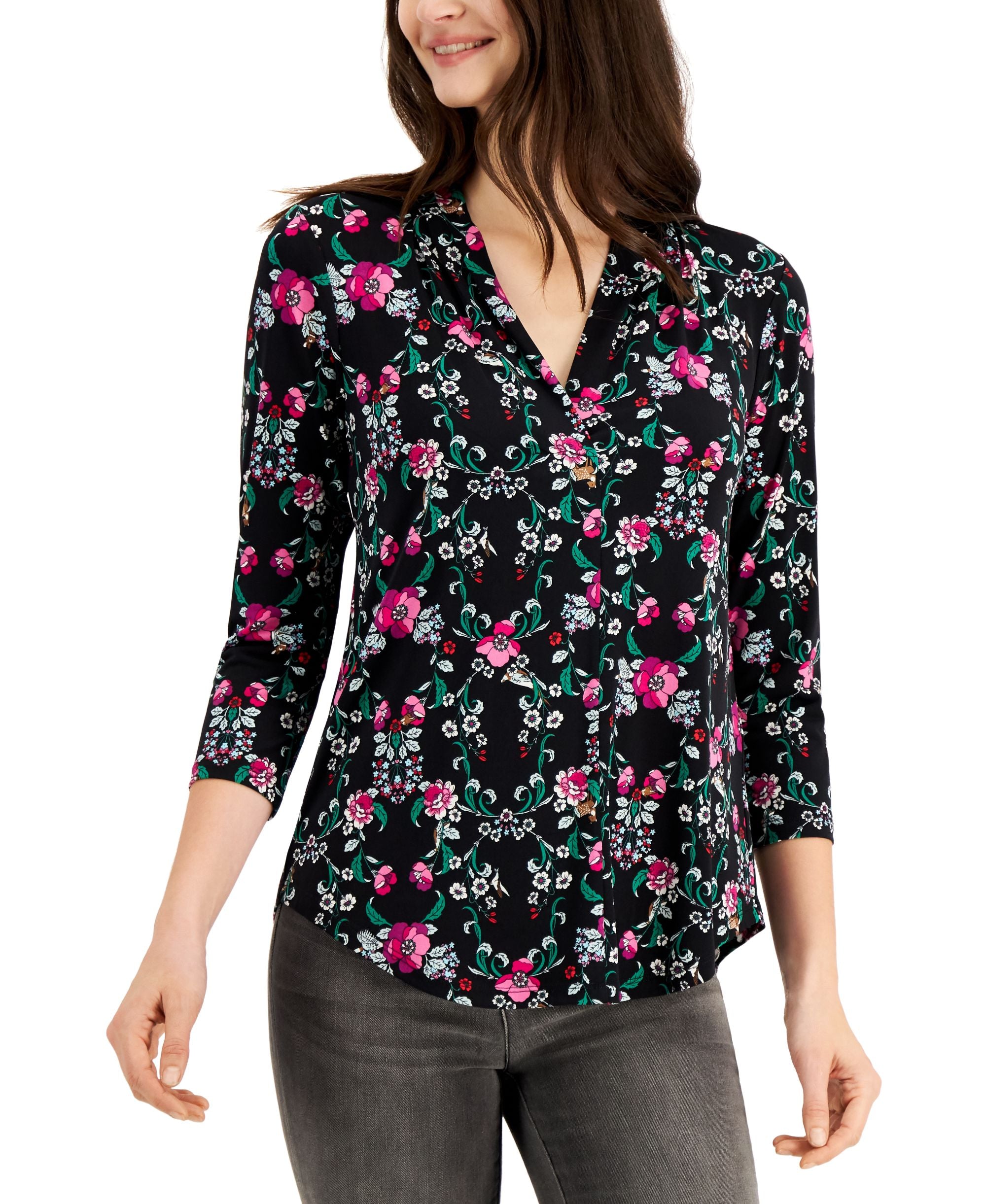 3/4-Sleeve Floral-Print Top