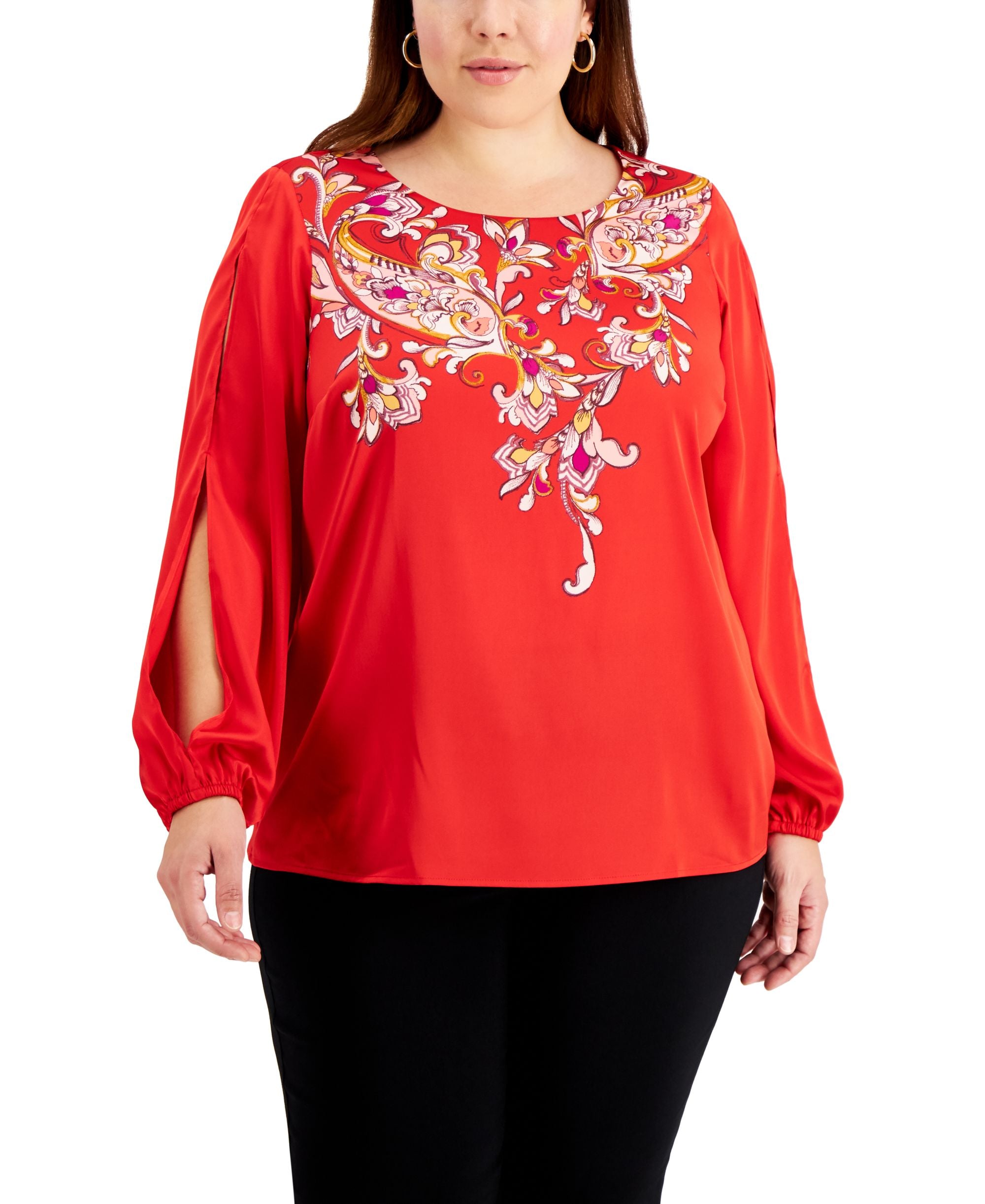 JM Collection Plus Size Printed Slit Sleeve Blouse