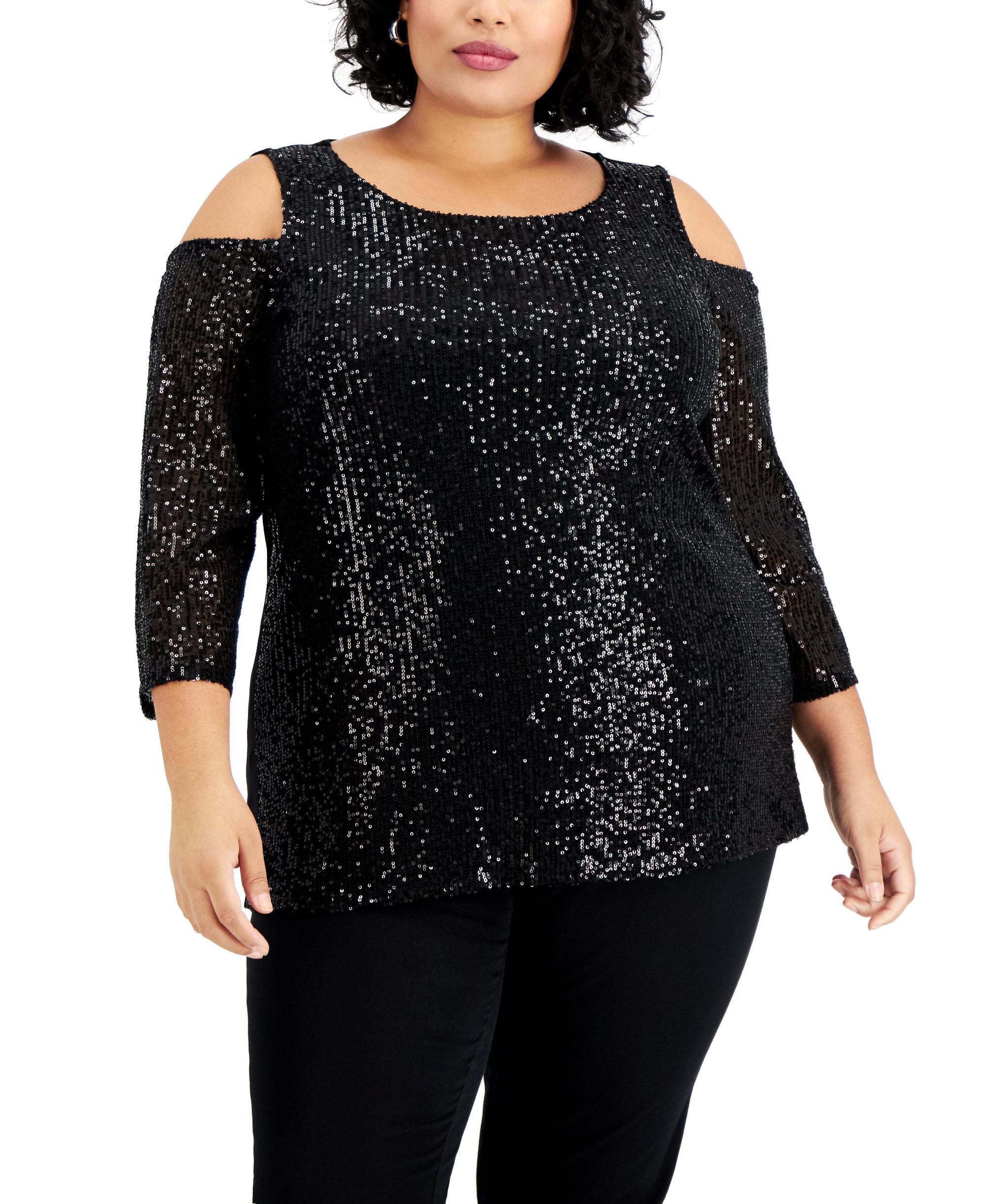 JM Collection Plus Size Sequin Cold Shoulder Top