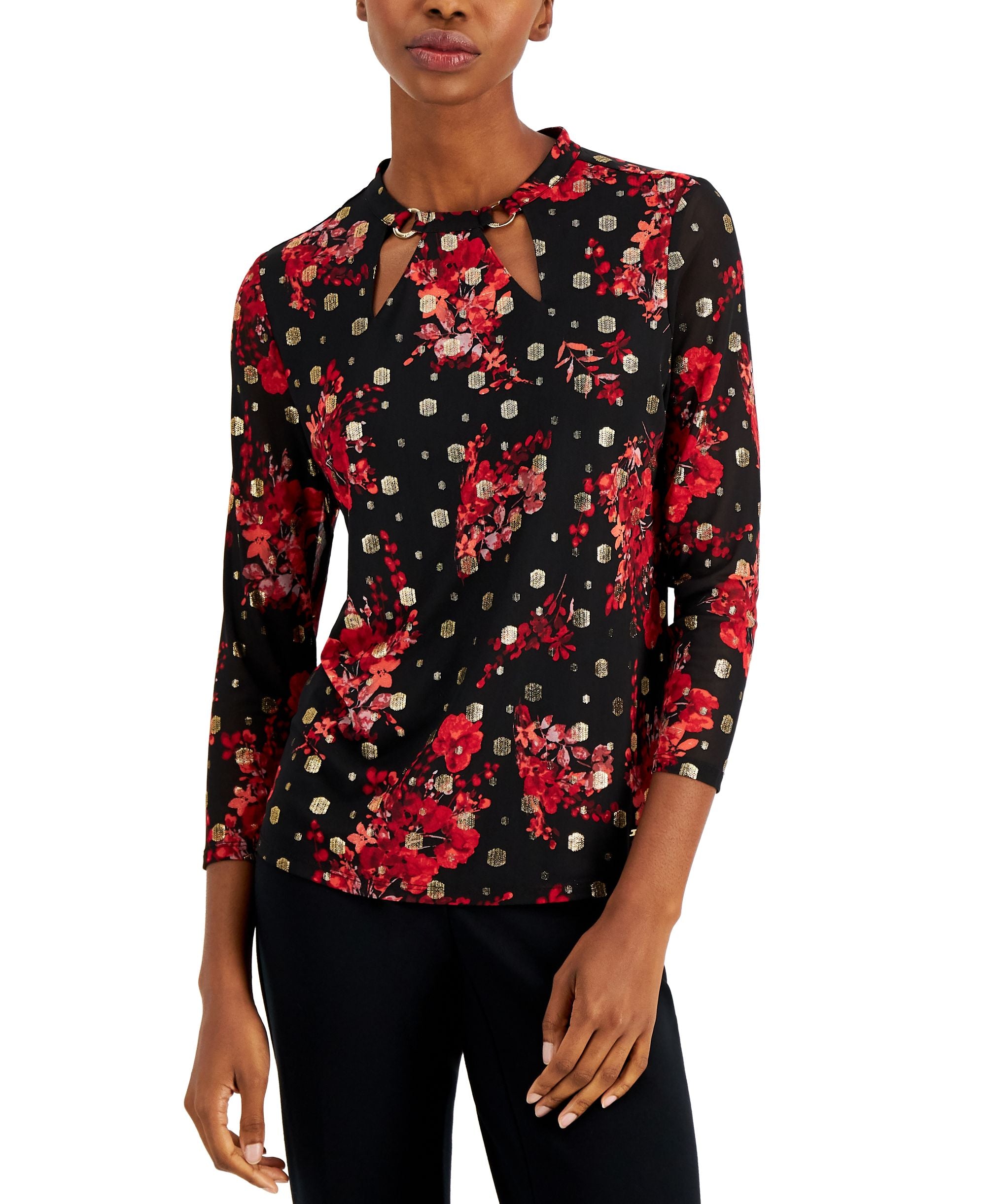 Nine West Embroidered Cutout 3/4 Sleeve Top