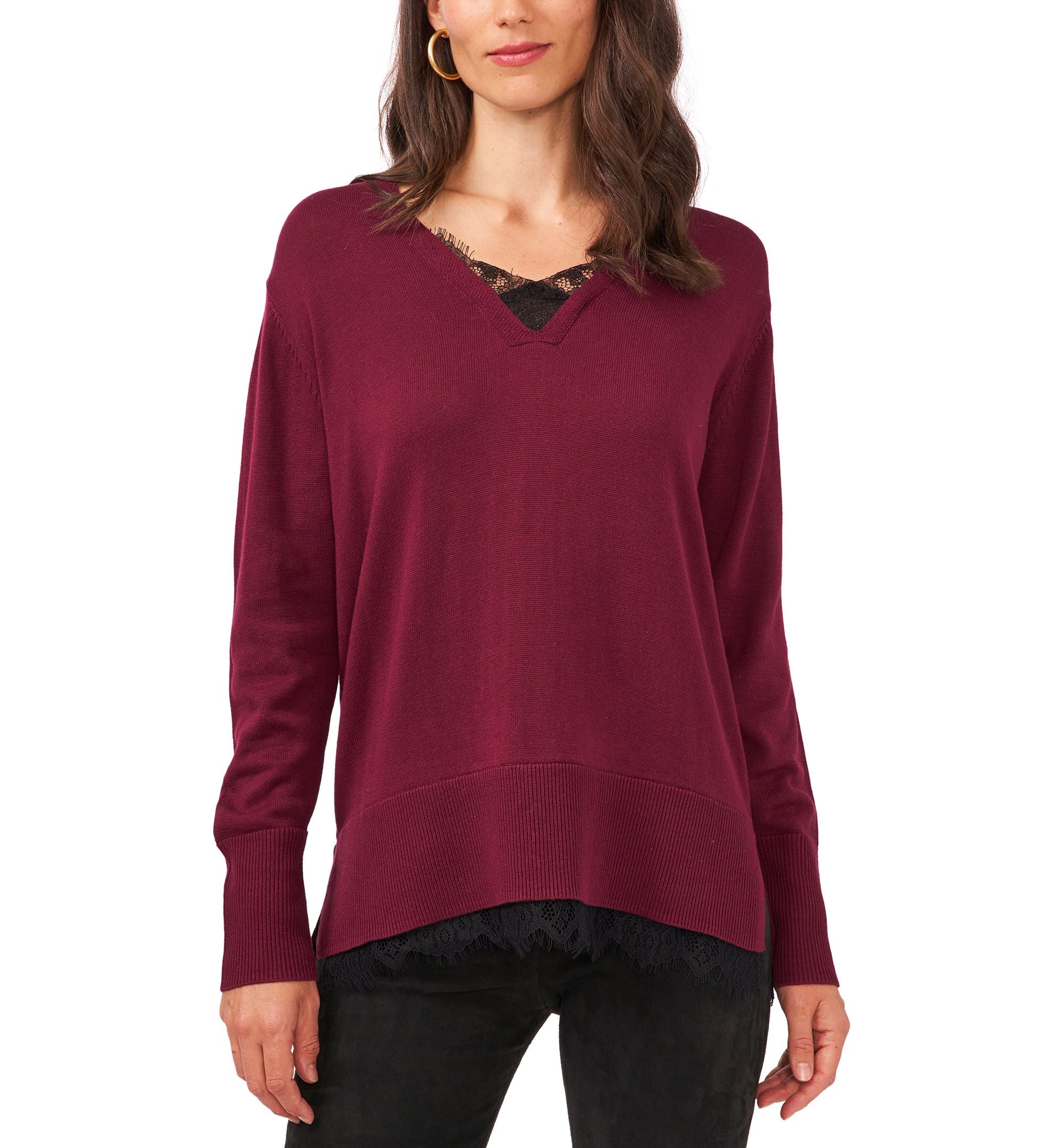 Sam Jess Lace Trim V Neck Sweater