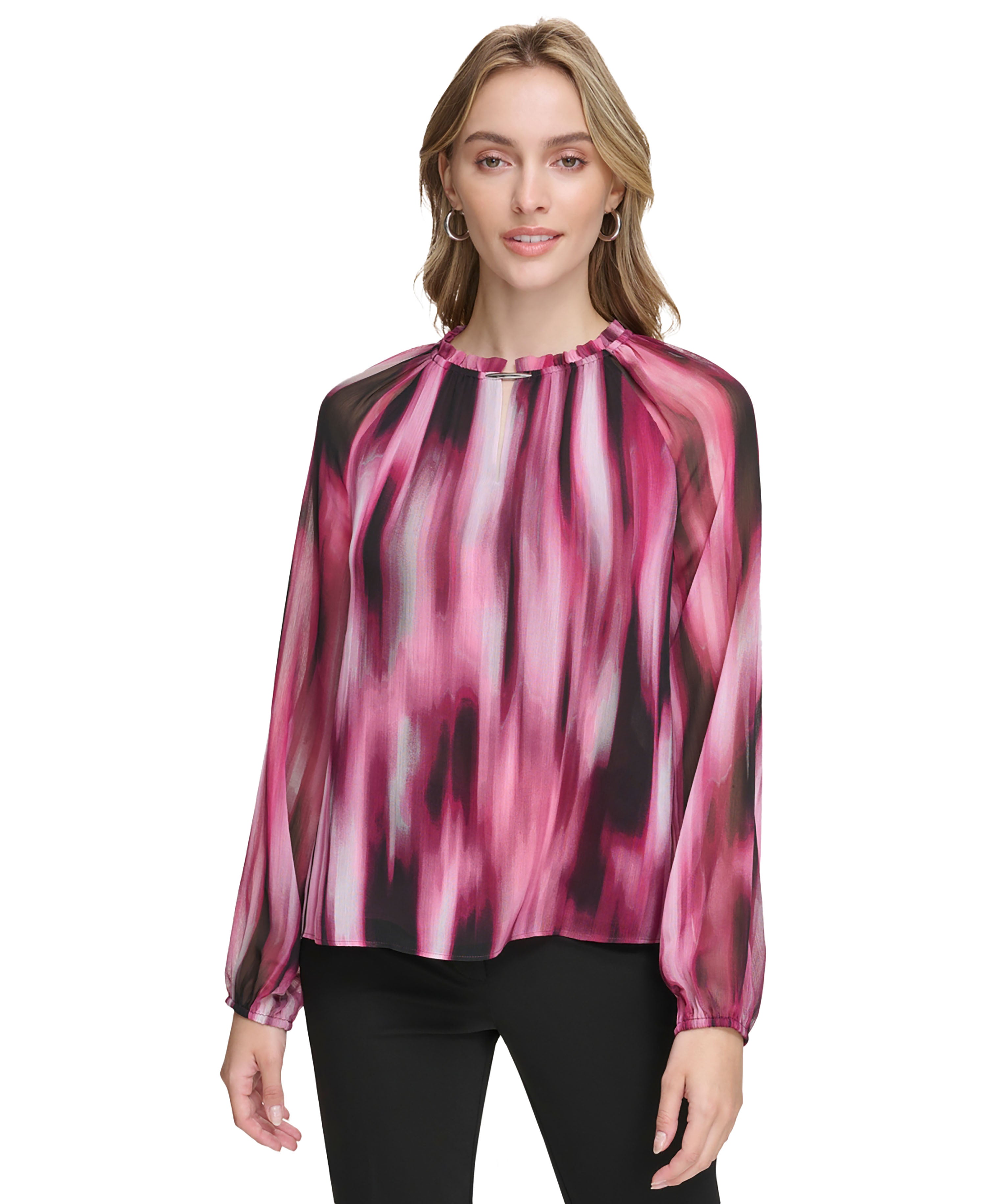 Women's Long-Sleeve Printed Keyhole Blouse