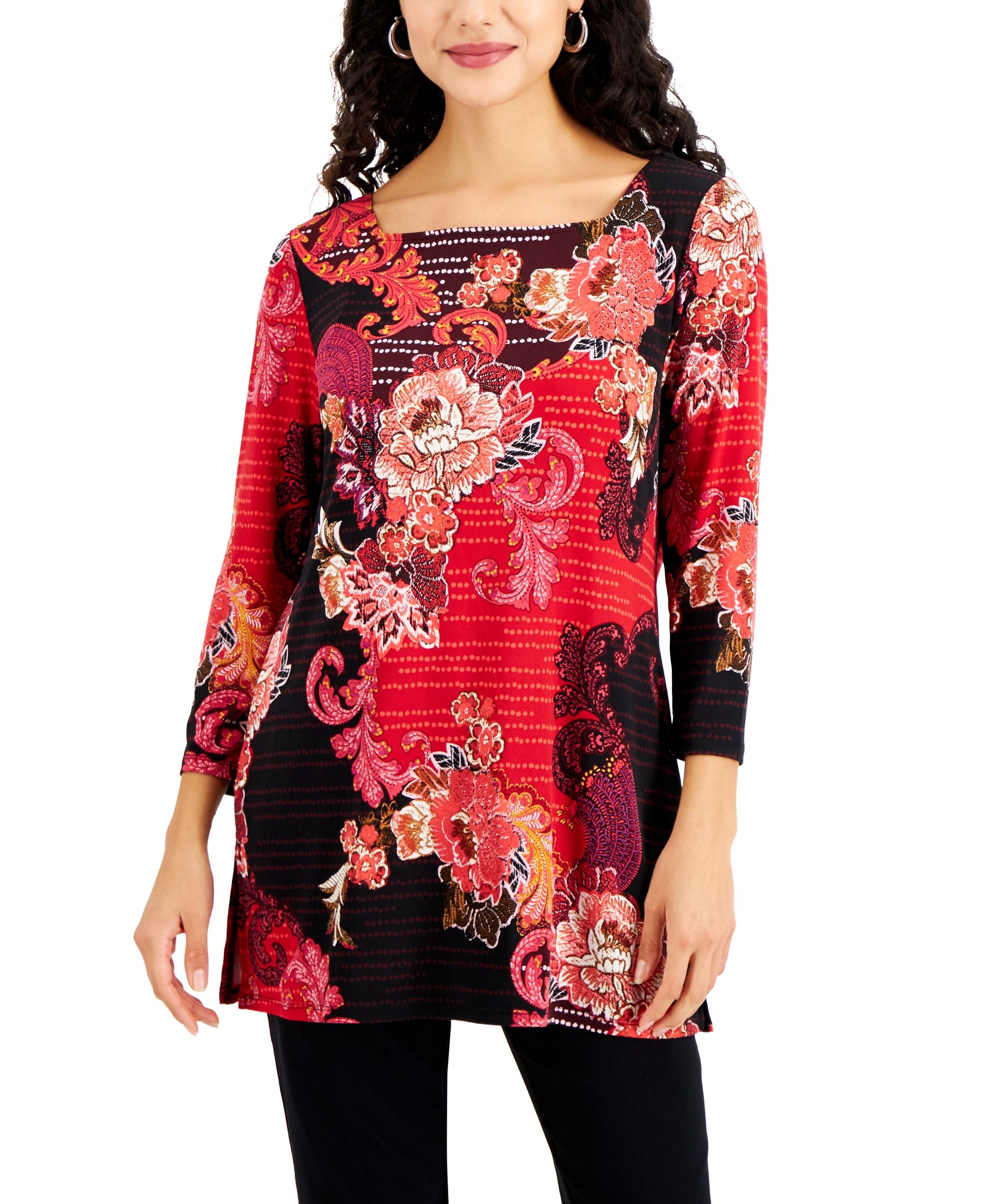 JM Collection Printed Square Neck Tunic Top