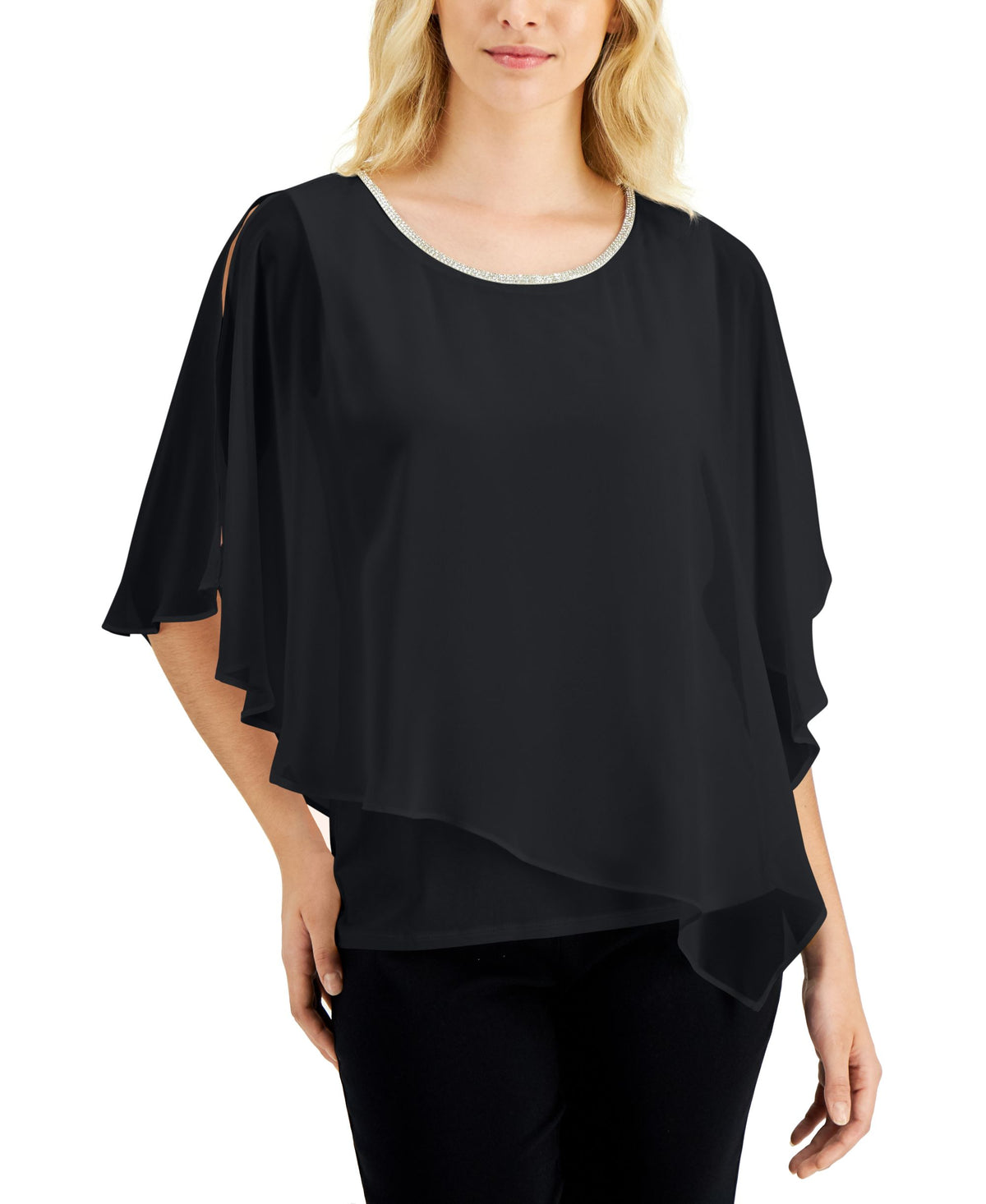 JM Collection Rhinestone Sheer Overlay Top