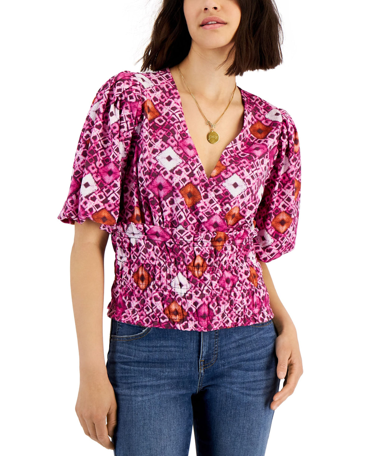 INC International Concepts Womens Printed Smock Waist Top