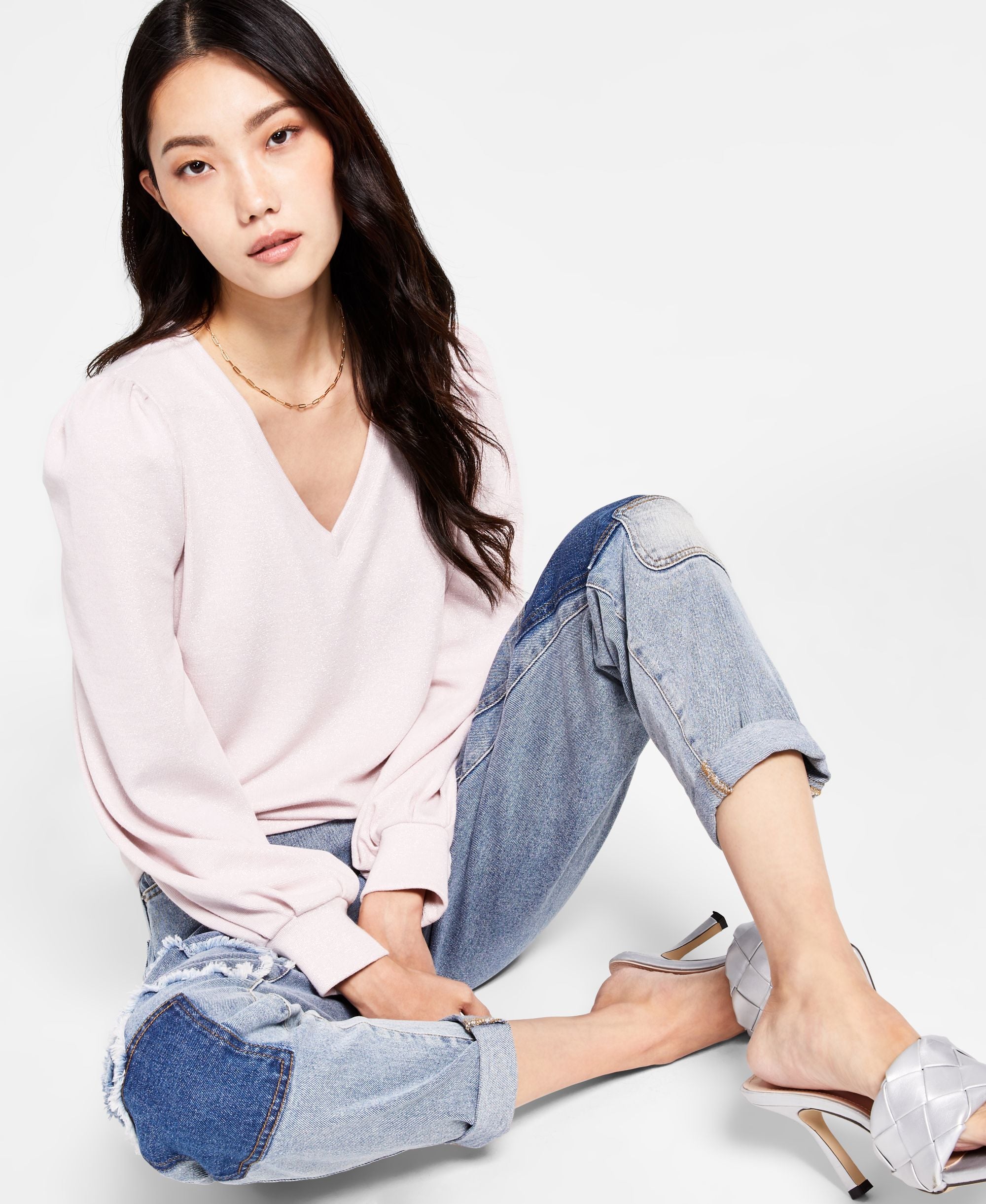 INC International Concepts Shimmering V Neck Blouson Sleeve Sweater