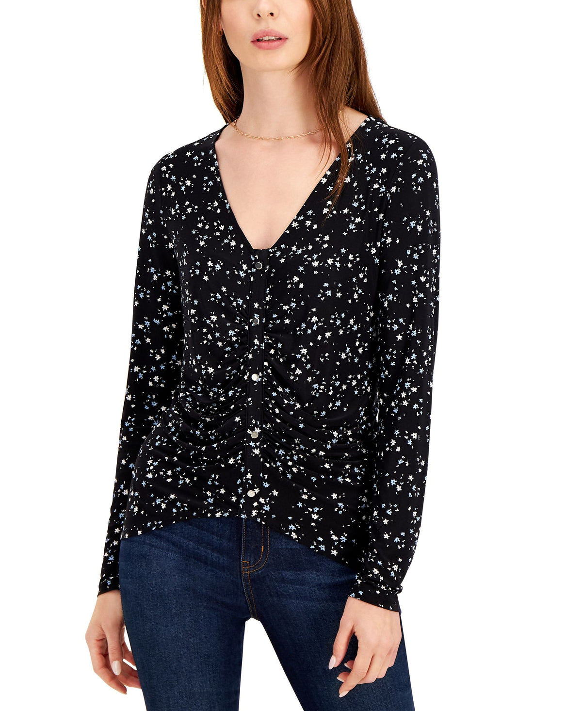 INC International Concepts Womens Ruched Button Detail Long Sleeve Top