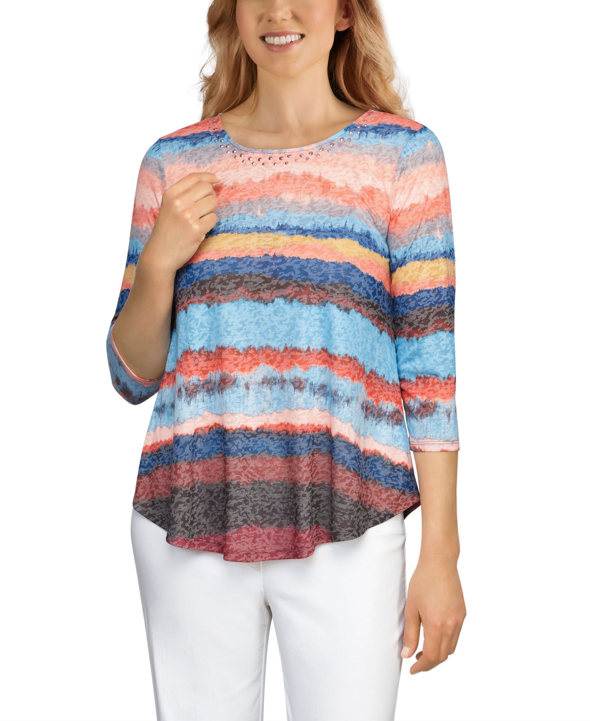 Ruby Rd. Womens Misses Embellished Watercolor Striped Burnout Top