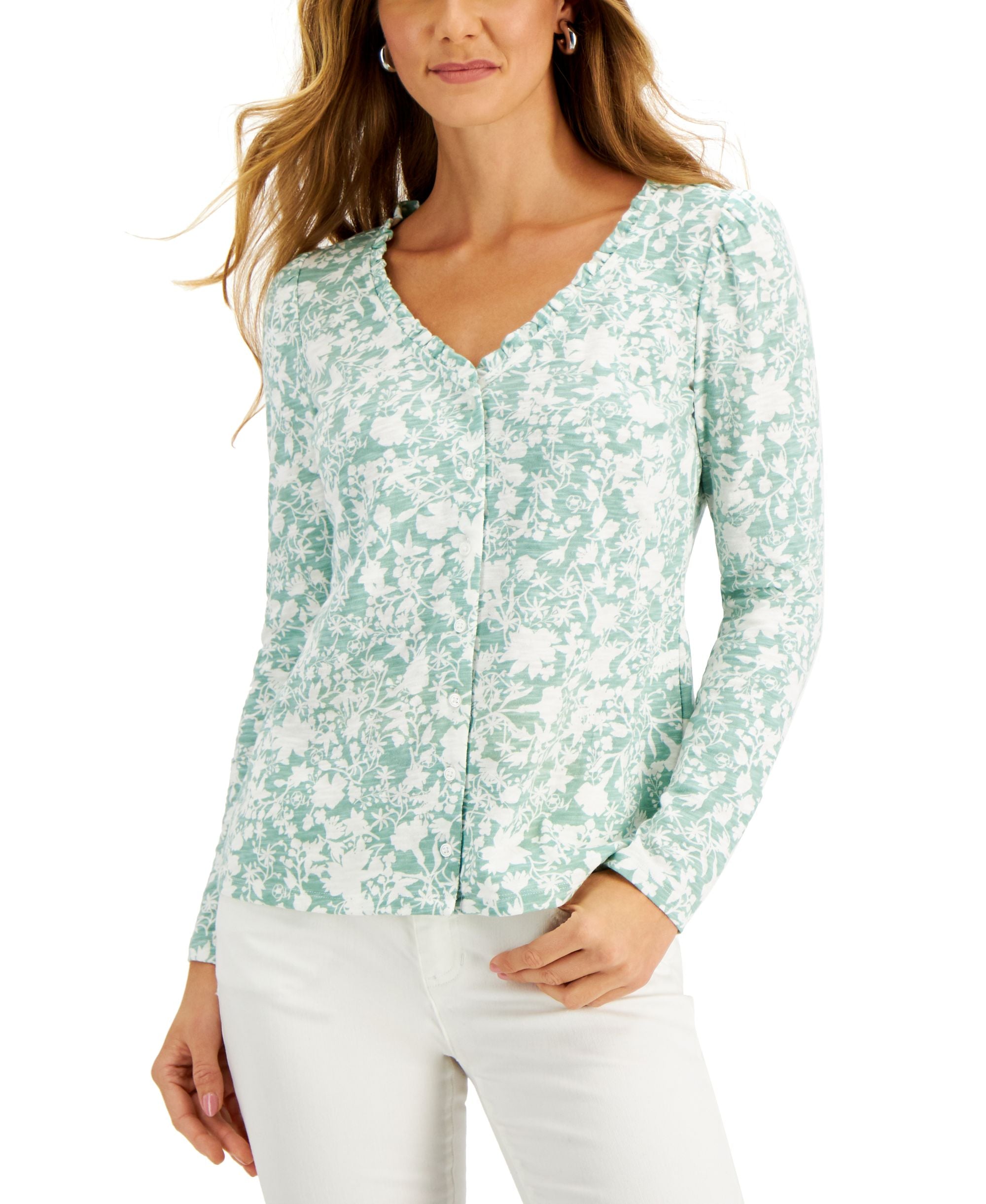 Charter Club Printed V Neck Ruffle Cardigan