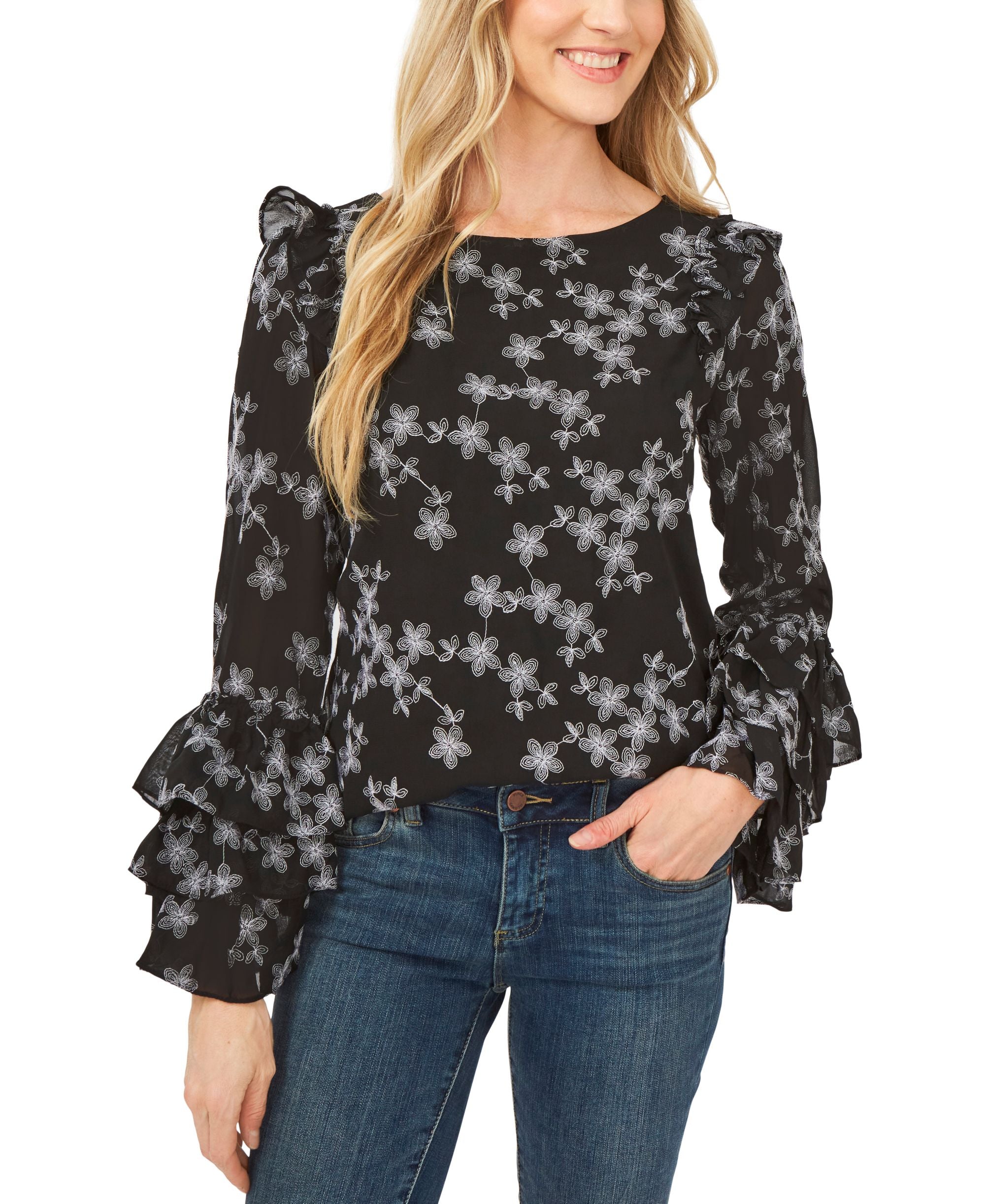 Cece Embroidered Ruffled Sleeve Blouse