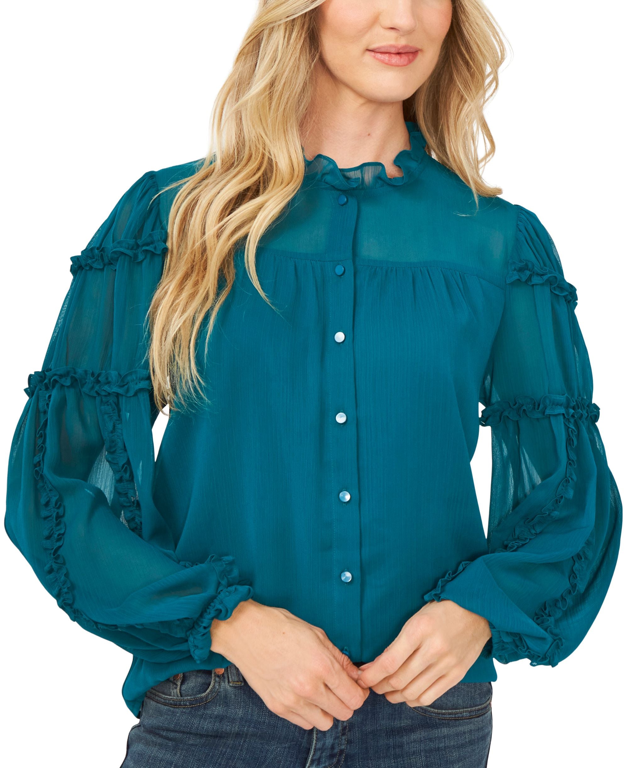 Cece Solid Ruffled Sleeve Button Down Blouse