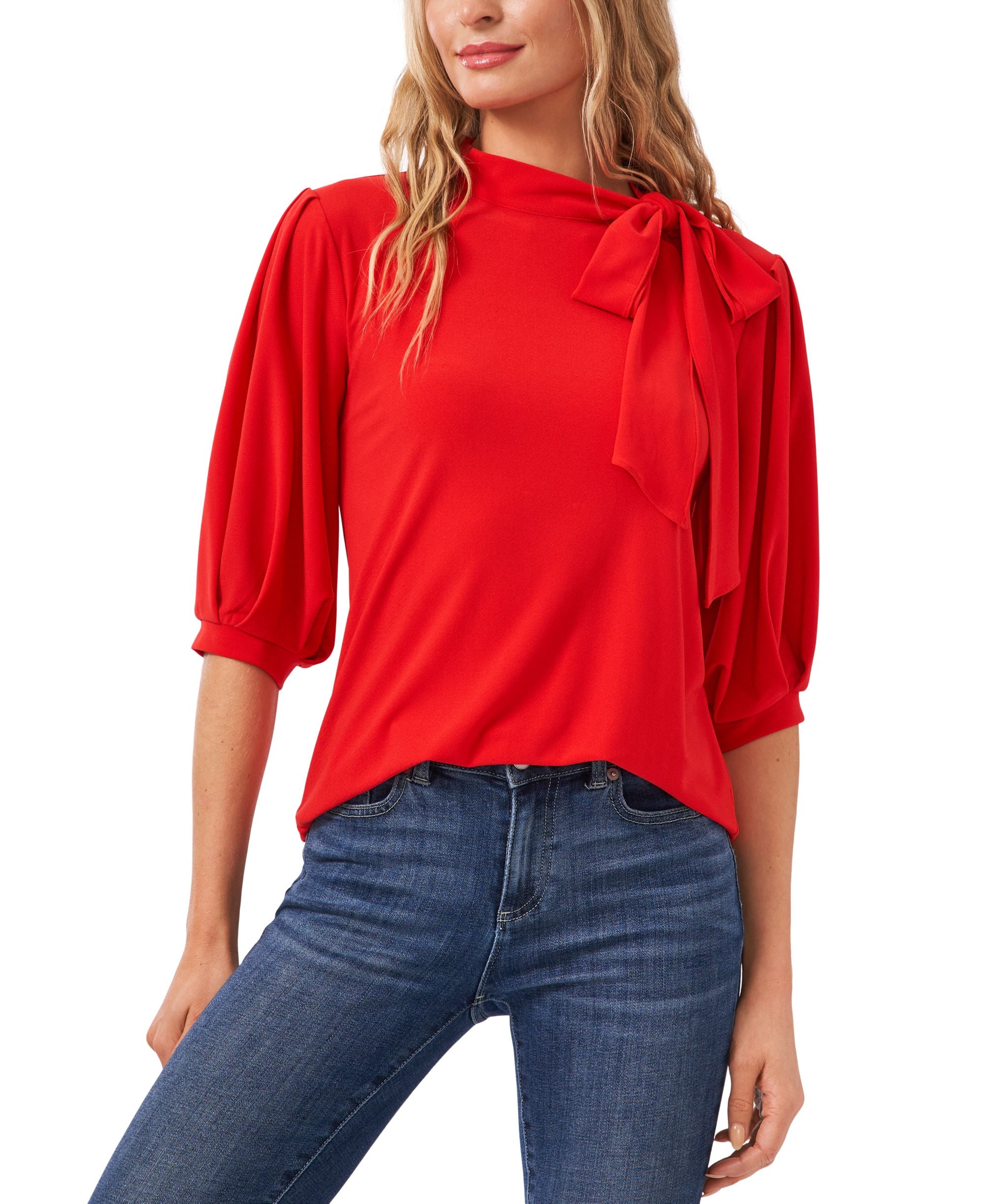 Women's Puff-Sleeve Bow-Neck Elbow Sleeve Top
