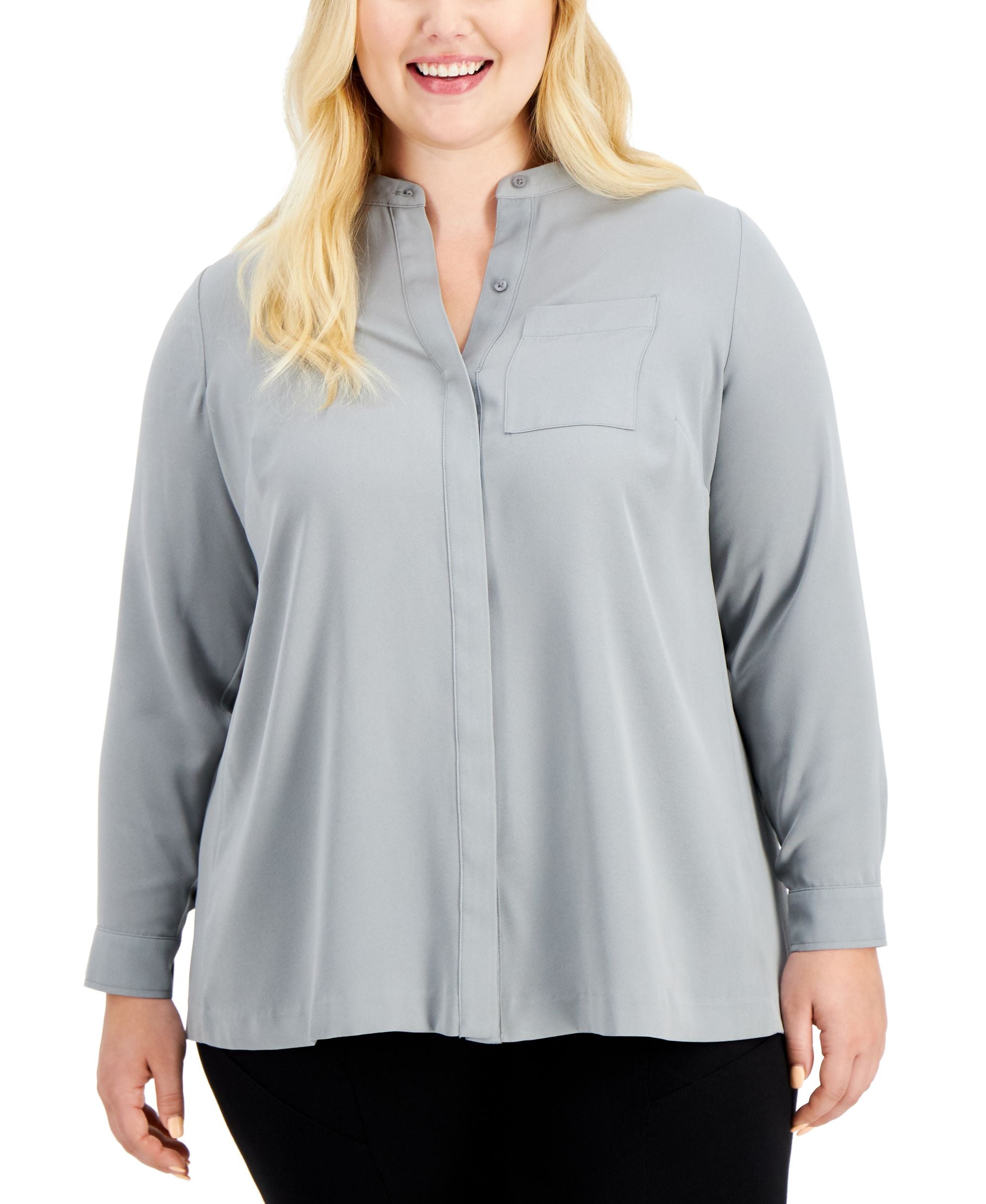 Alfani Plus Size Pleat Back Button Up Top
