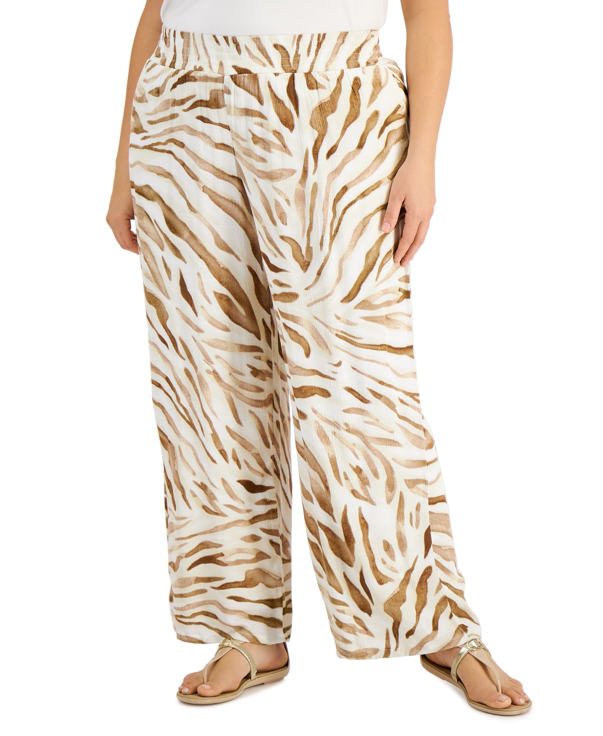 Plus Size Zebra-Print Pull-On Smocked-Waist Pants