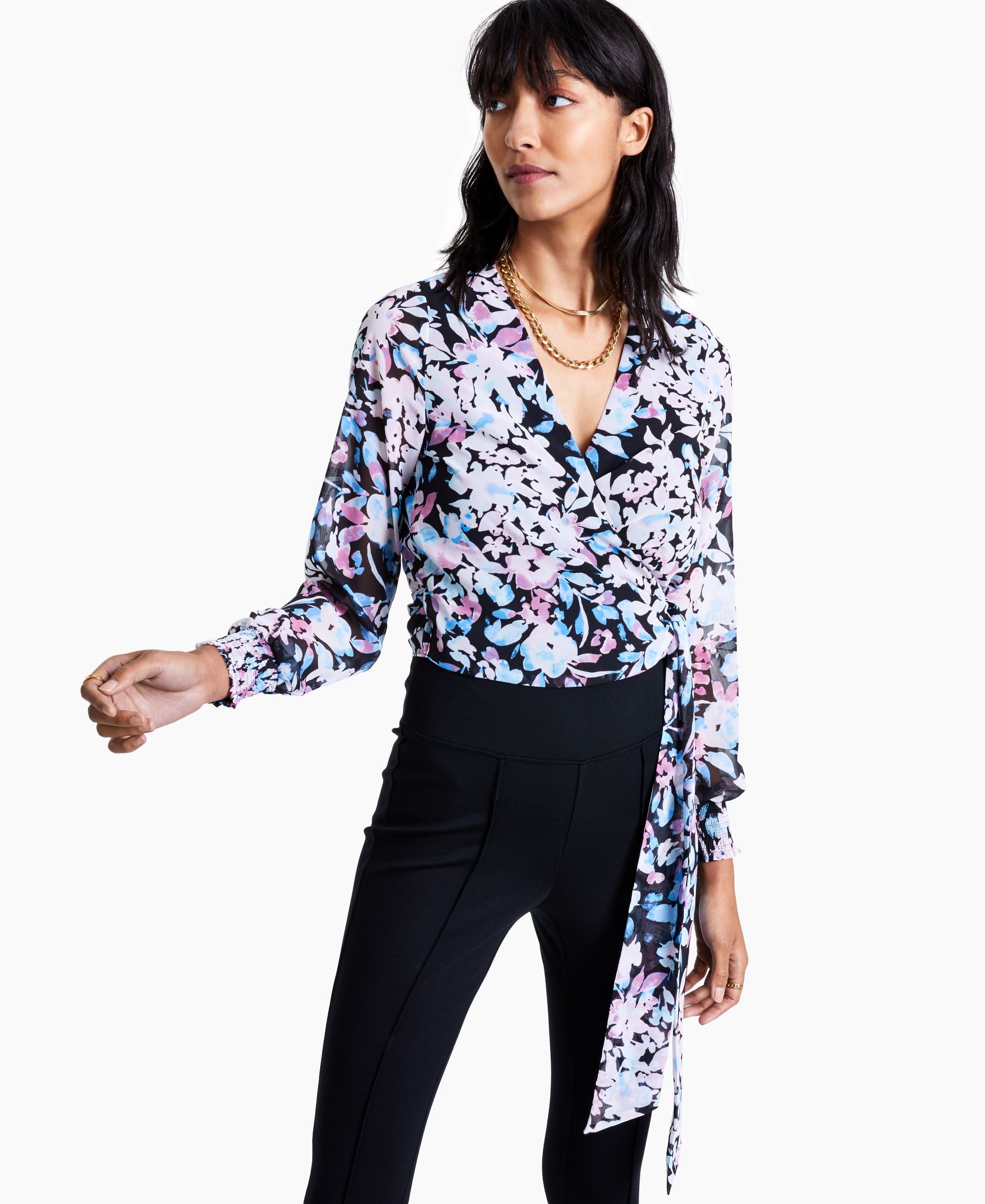 Bar III Floral Print Wrap Top