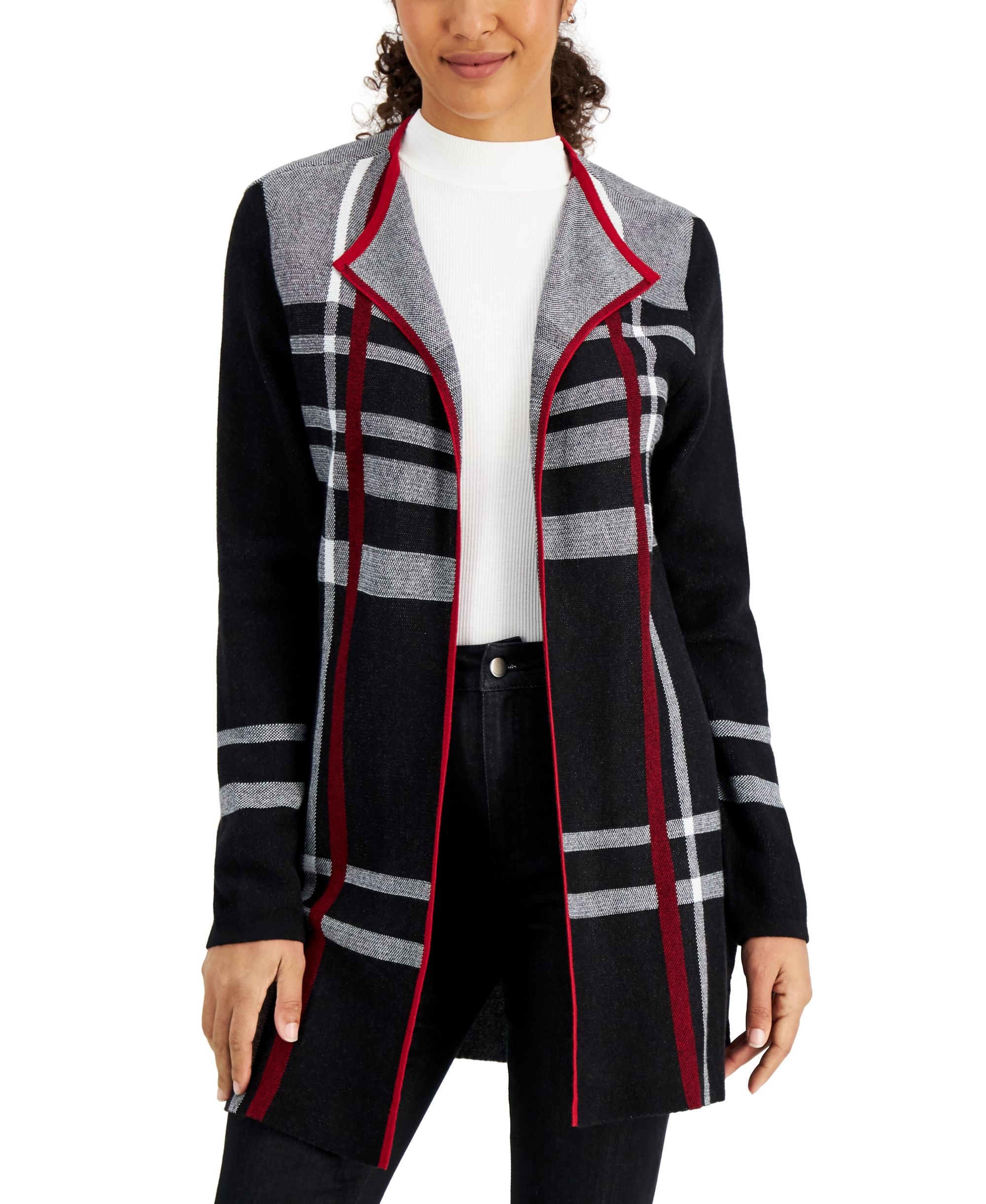 Women's Plaid Contrast-Trim Wing-Collar Cardigan