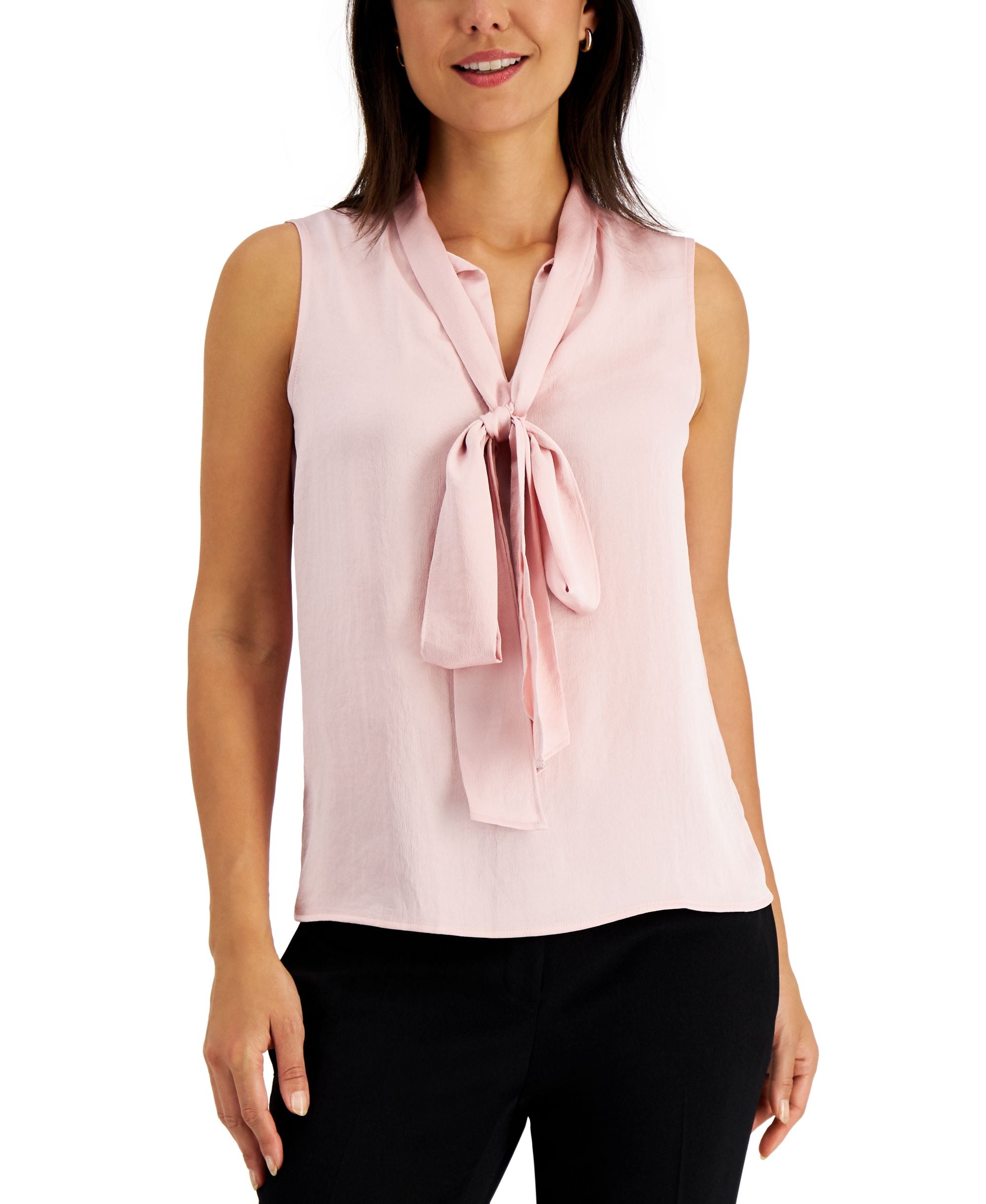 Kasper Solid Sleeveless Bow-Neck Blouse