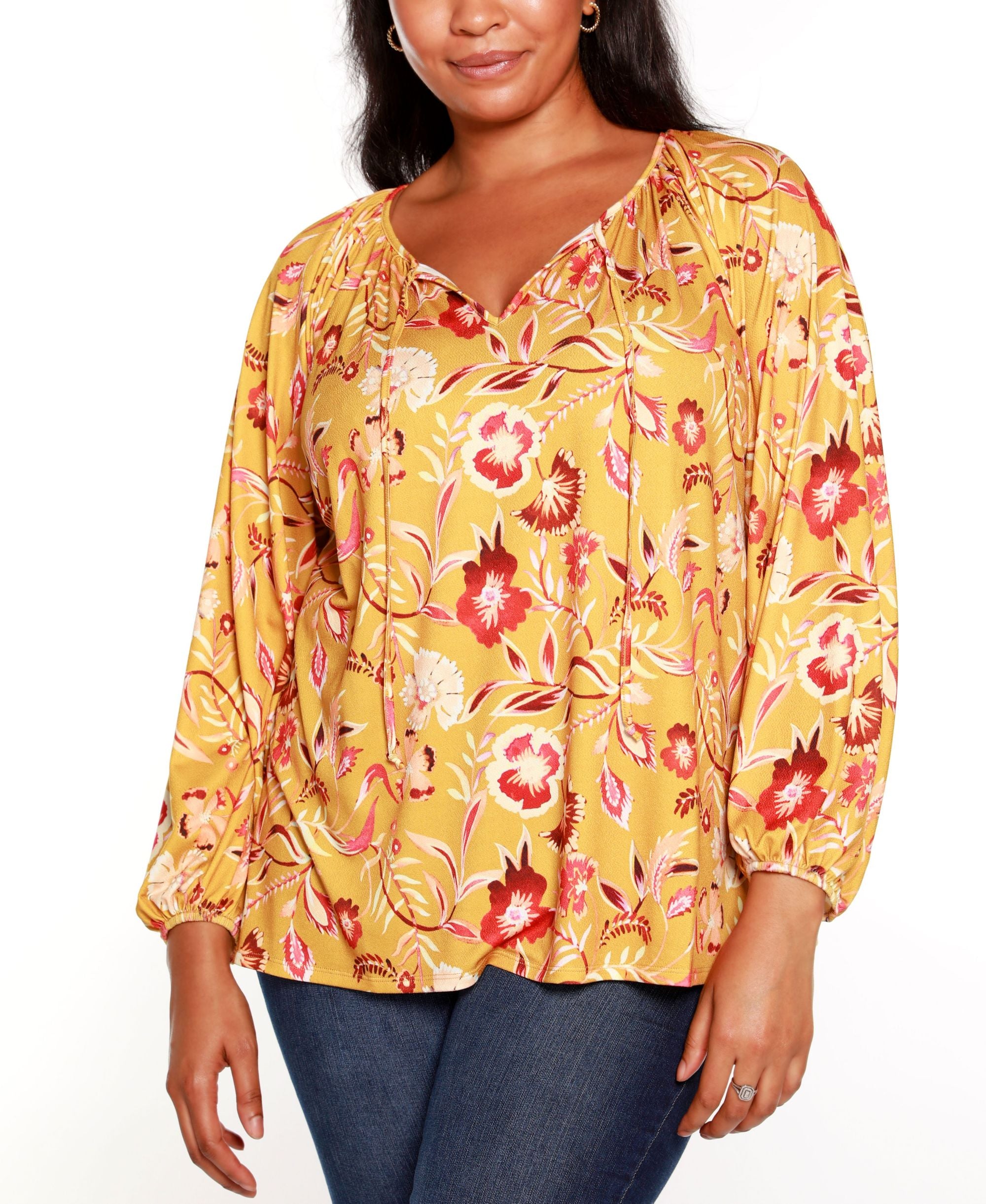 Belldini Black Label Plus Size Floral Peasant Top With Blouson Sleeves