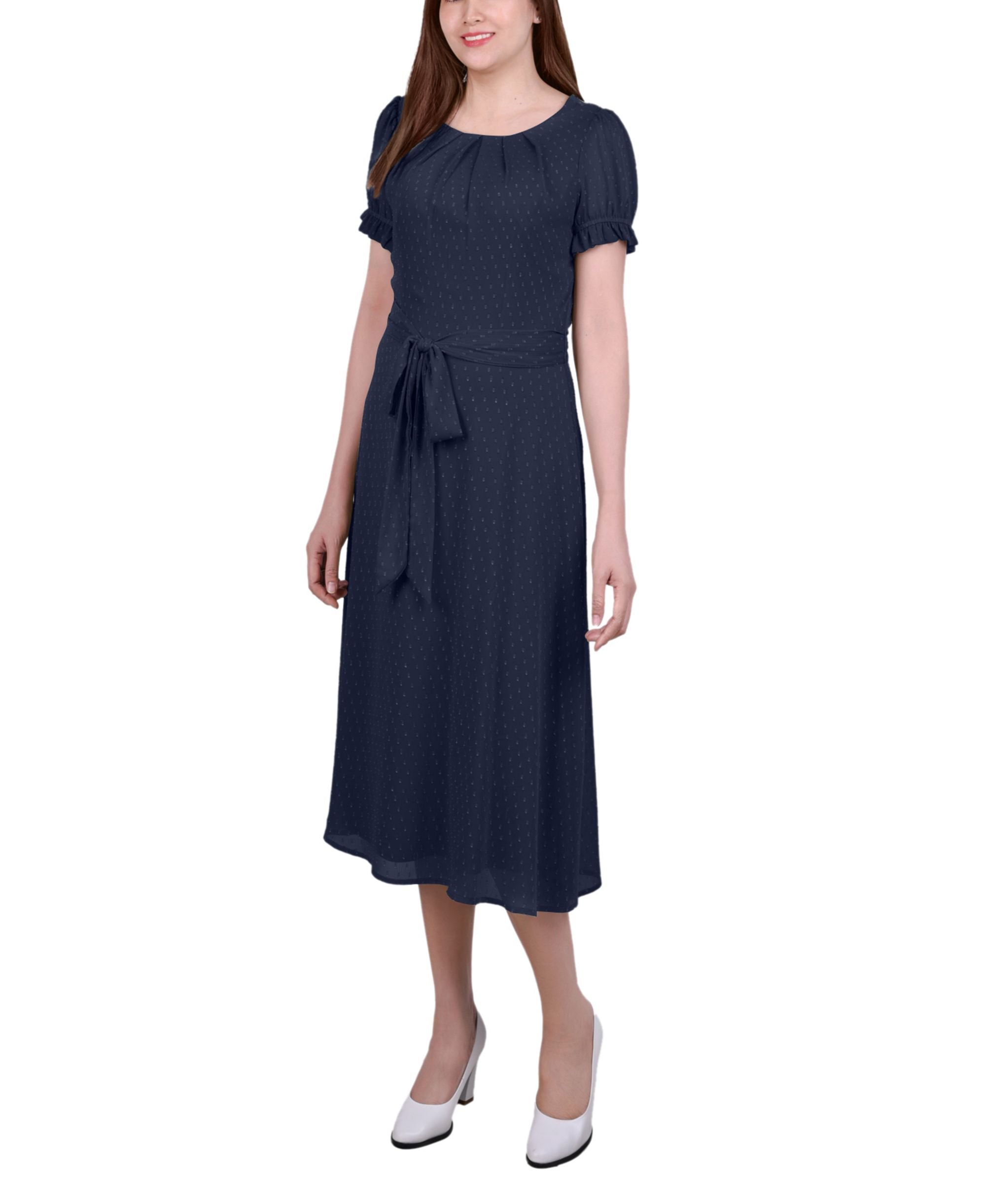 Petite Short Sleeve Belted Swiss Dot Dress