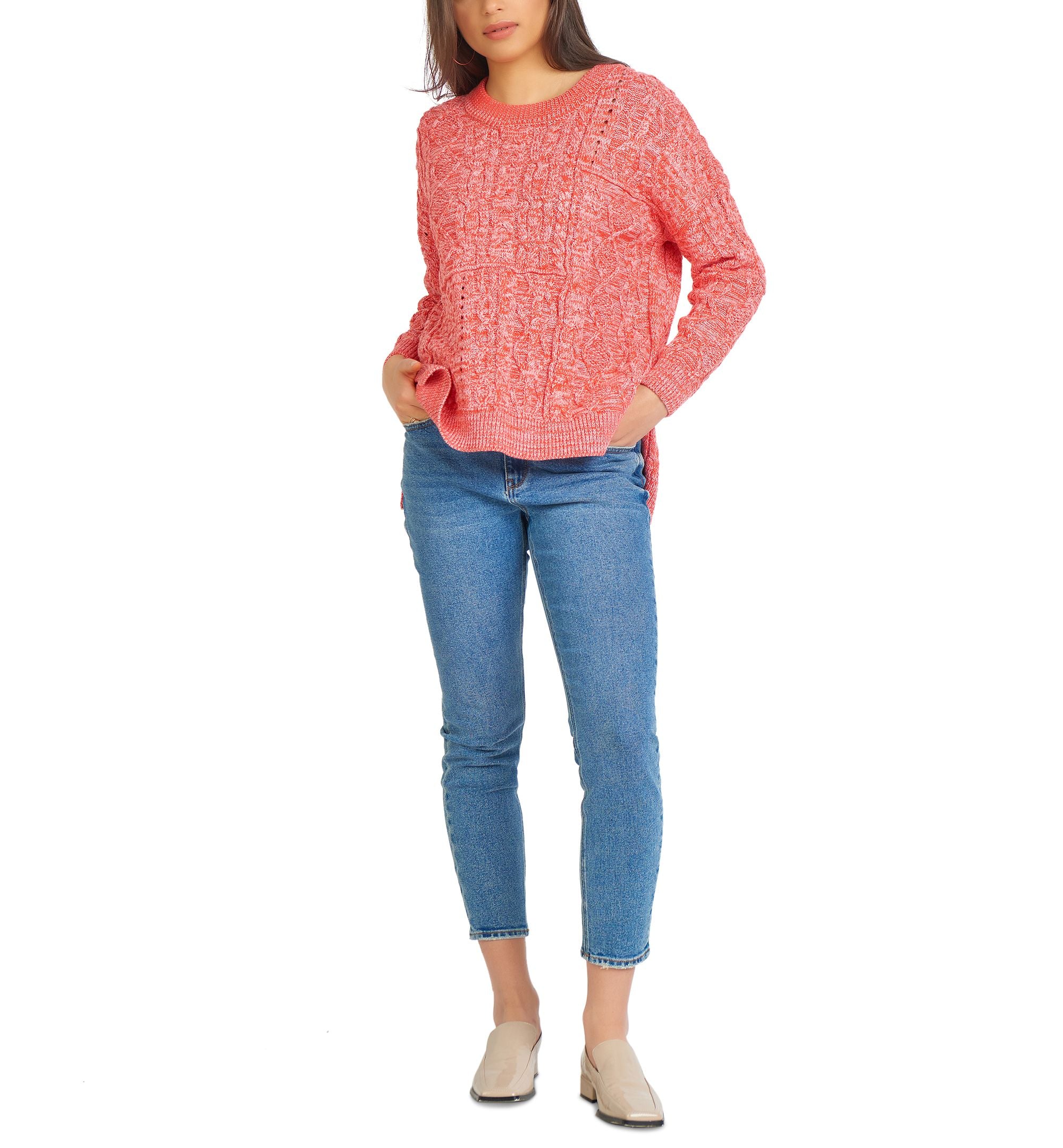 Black Tape Womens Cable Knit Side Slit Pullover Sweater