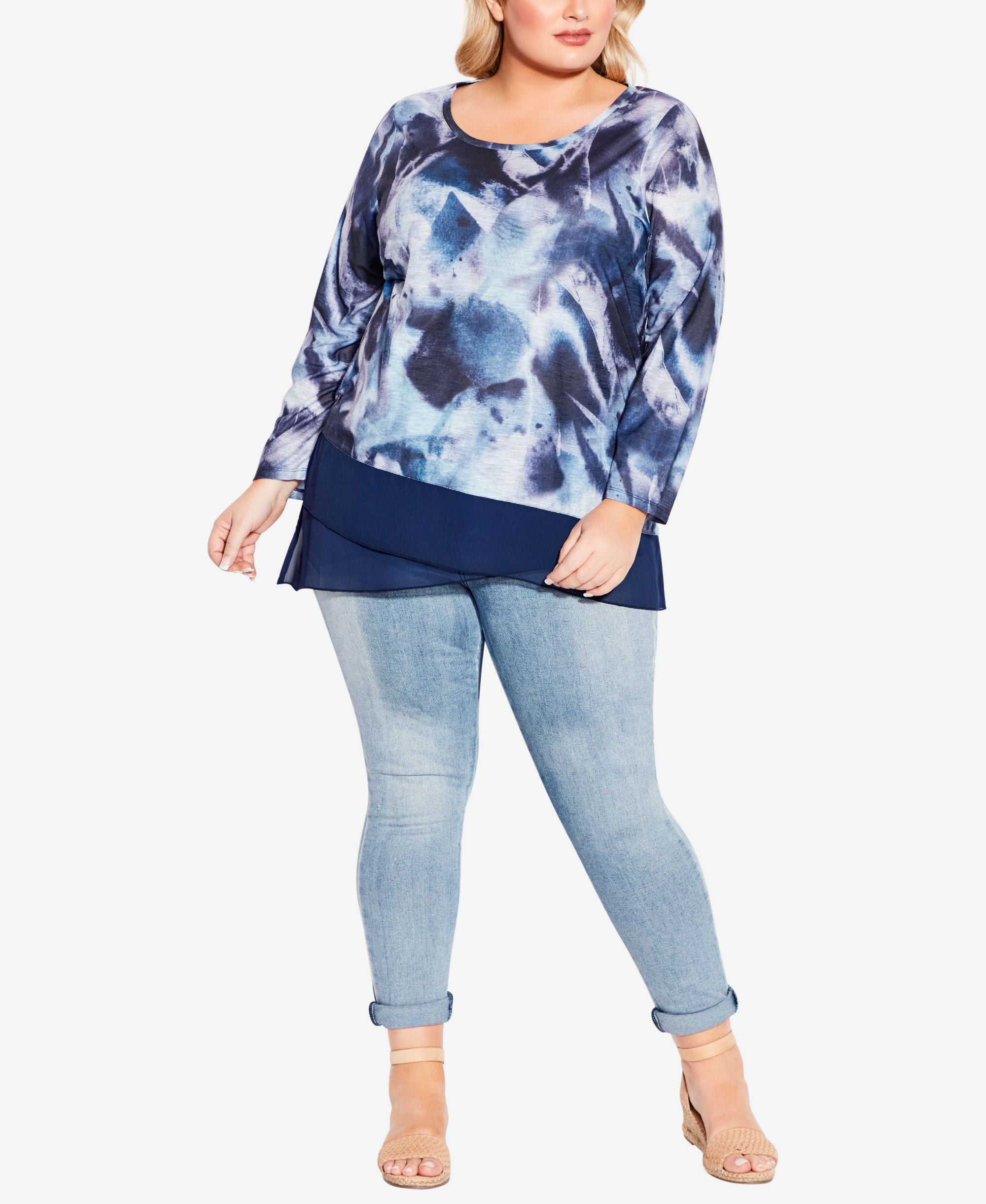 Plus Size Abstract Chiffon Trim Top