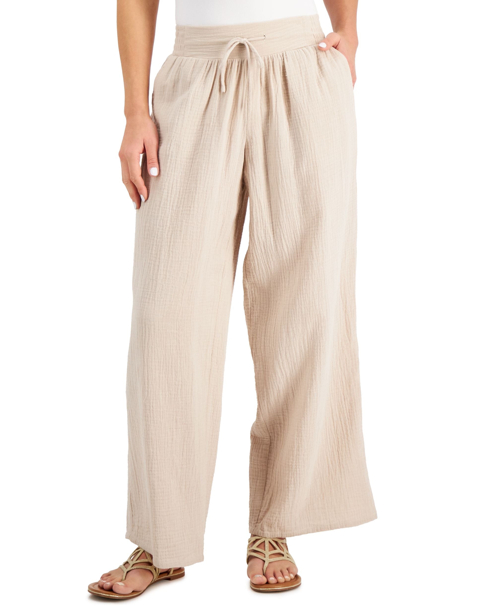 JM Collection Petite Cotton Gauze Wide Leg Pants