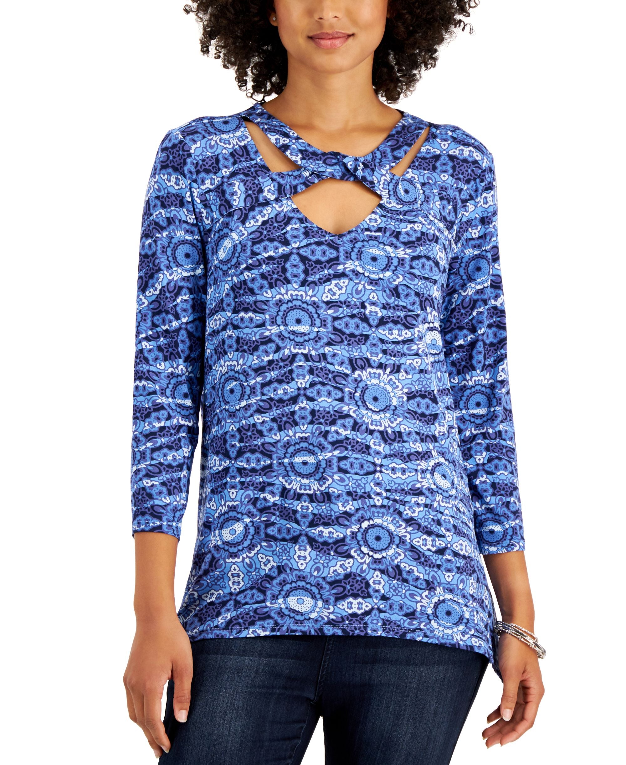 JM Collection Petite Printed Cross-Neck Top