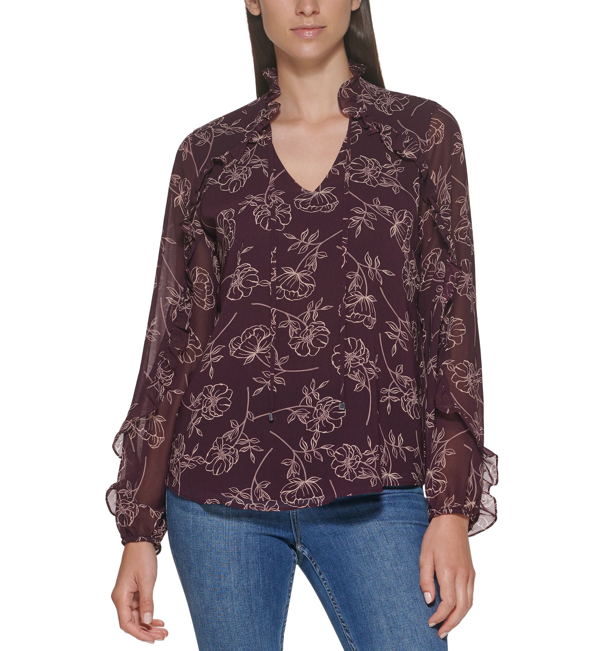 Calvin Klein Printed Ruffle Trim Long Sleeve Blouse