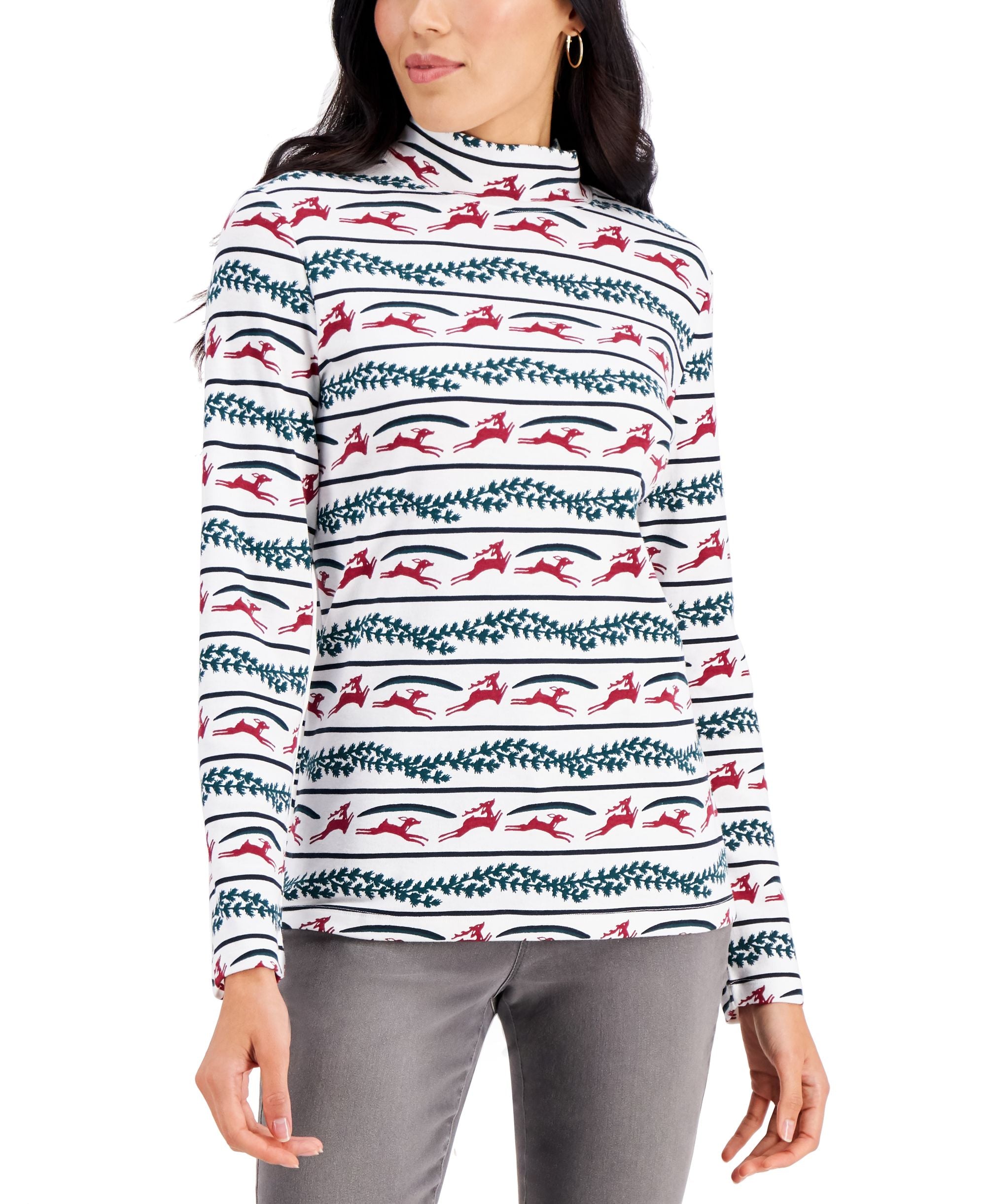 Karen Scott Reindeer Print Mock Neck Top