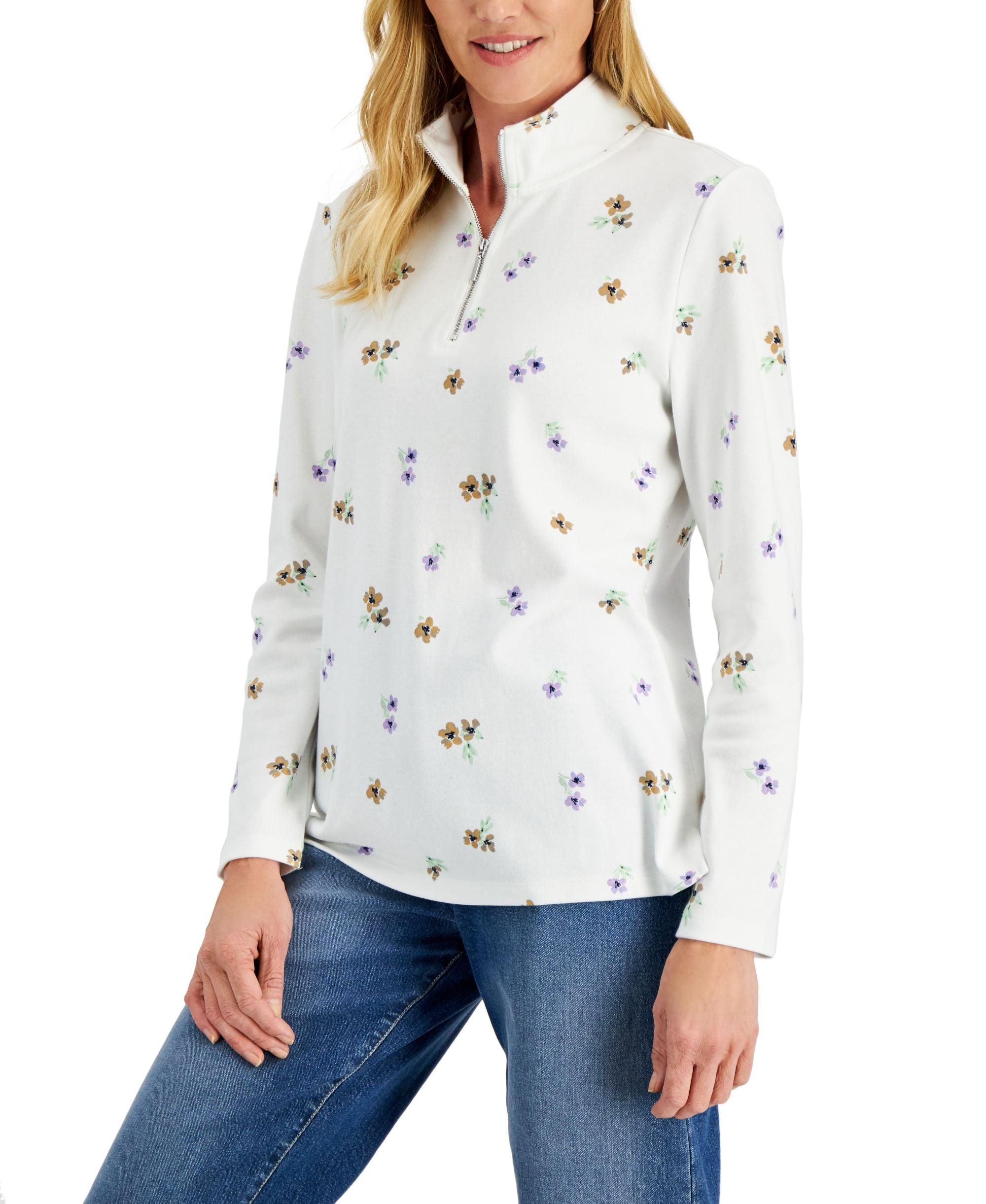 Karen Scott Fleece 1/4 Zip Cotton Blend Floral Long Sleeve Collared Pullover